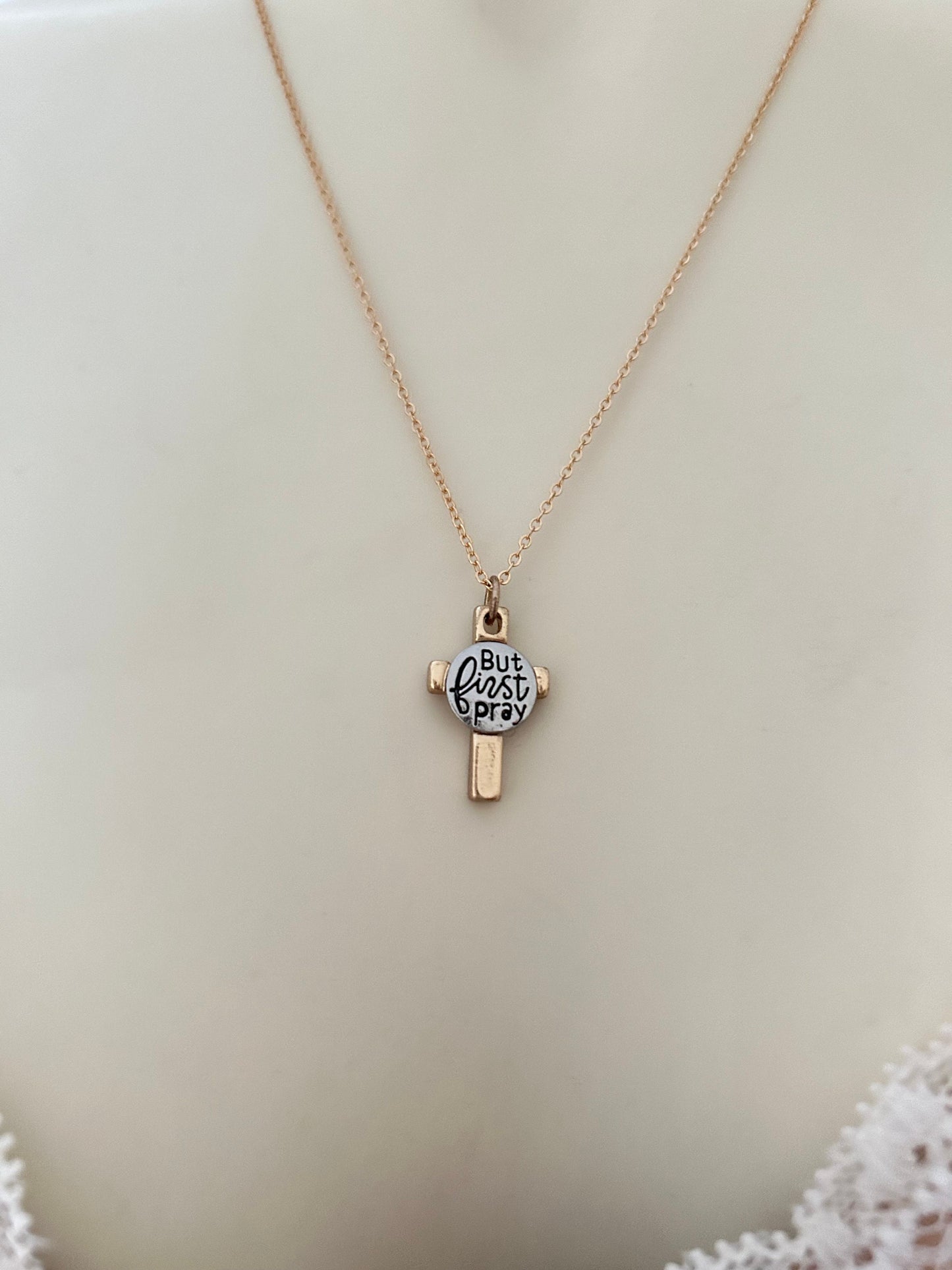 Dainty Gold Cross Necklace engraved with But First Pray, Christian Jewelry, Pray Pendant, faith gift, Pray Necklace