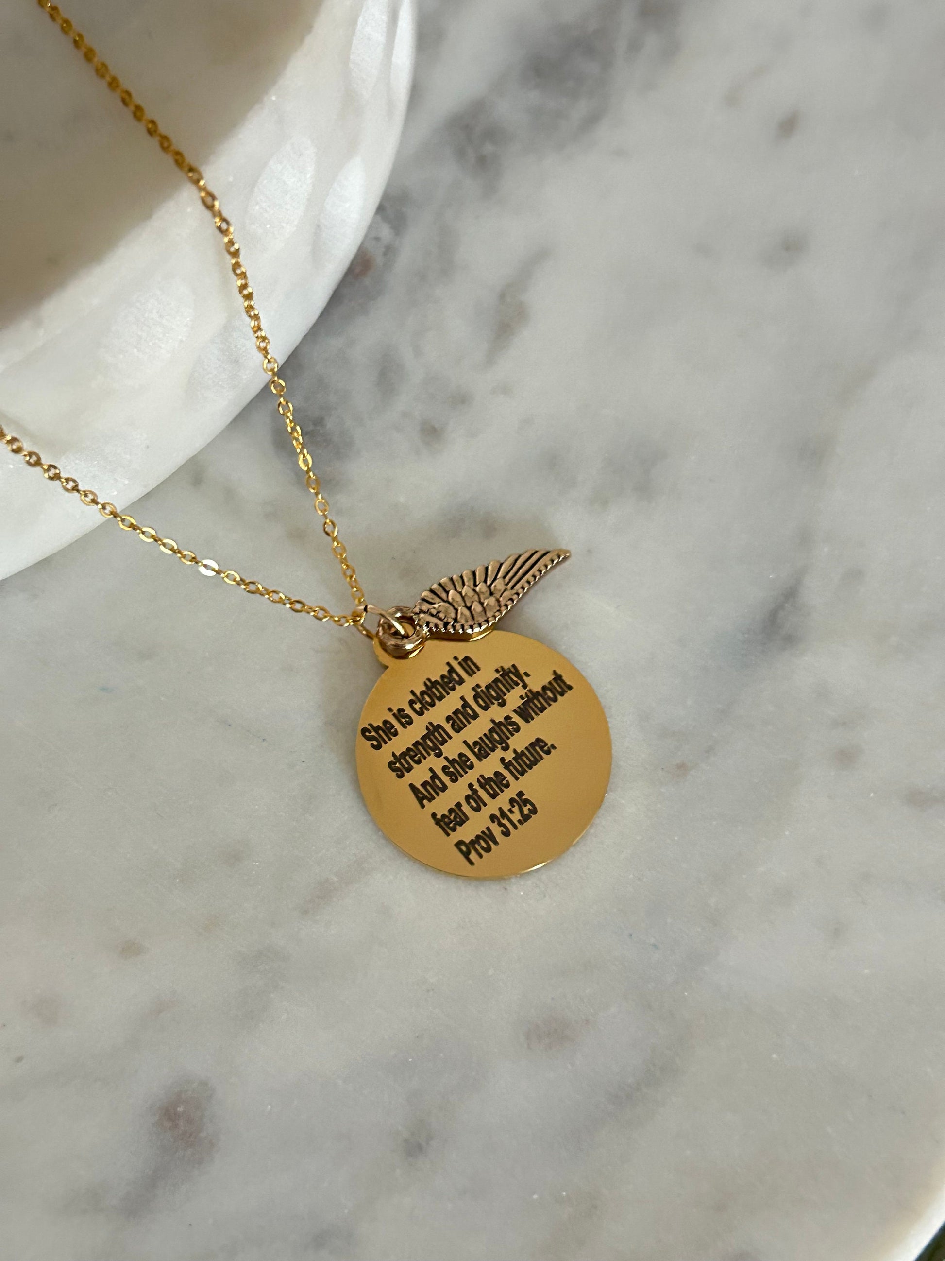 She is clothed in strength and Dignity Proverbs 31 Gold Necklace, Christian Jewelry Gifts, Engraved Bible Verse Charms, 16K Gold Plated