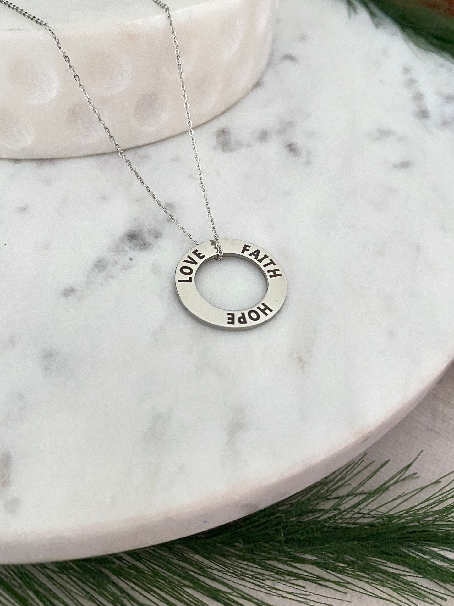 Faith Hope and Love Open Circle Silver Necklace, Bible Verse charm, Motivational Pendant, Christian Inspirational Jewelry, Scripture gift