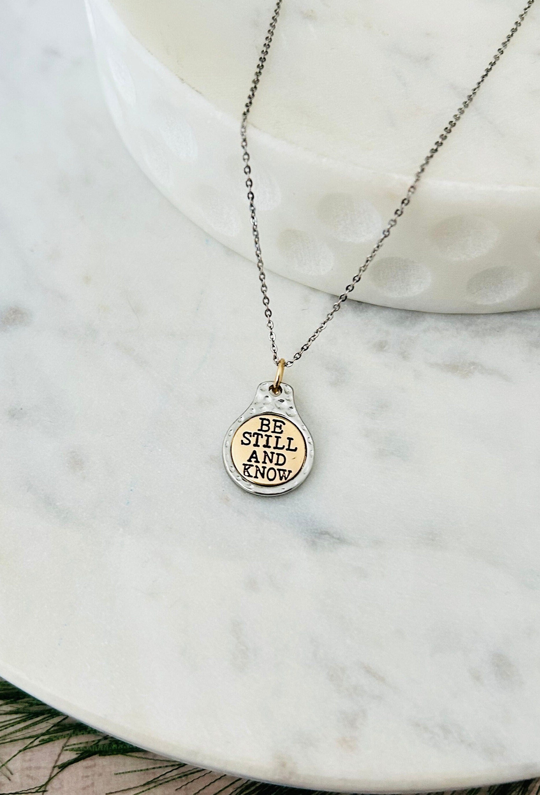 Be Still and Know Bible Verse Necklace, Dainty Silver Necklace, Scripture Jewelry, Christian Gifts, Motivational Charms, Baptism, Easter