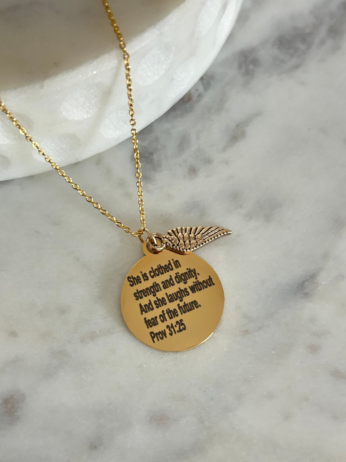 She is clothed in strength and Dignity Proverbs 31 Gold Necklace, Christian Jewelry Gifts, Engraved Bible Verse Charms, 16K Gold Plated