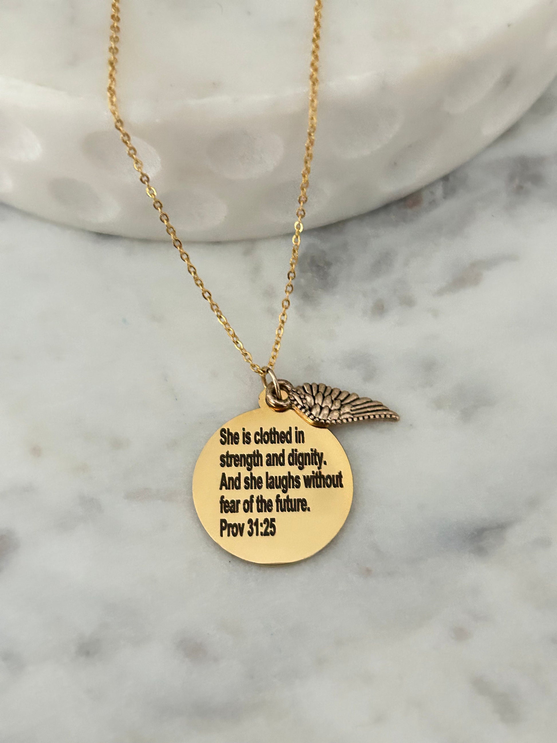 She is clothed in strength and Dignity Proverbs 31 Gold Necklace, Christian Jewelry Gifts, Engraved Bible Verse Charms, 16K Gold Plated