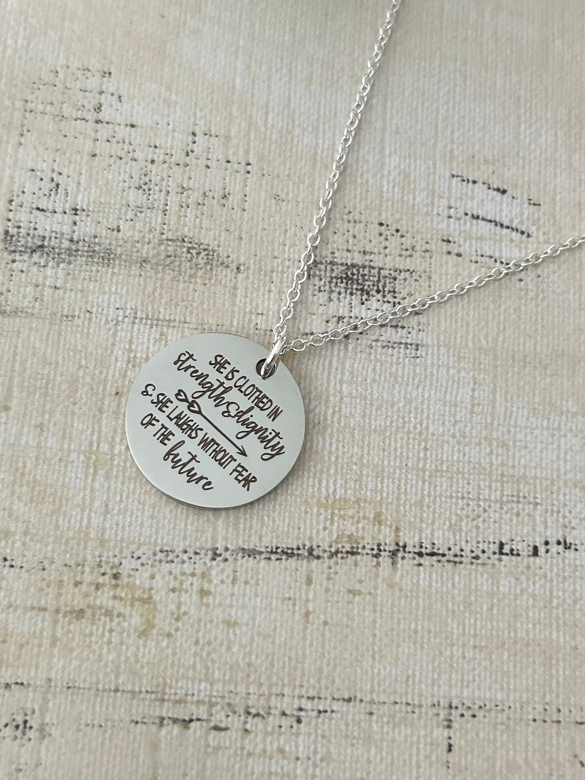 She is clothed in strength and Dignity Bible Verse Necklace, Proverbs 31:25, Christian Gifts Jewelry, Scripture Quote Charm, Motivational