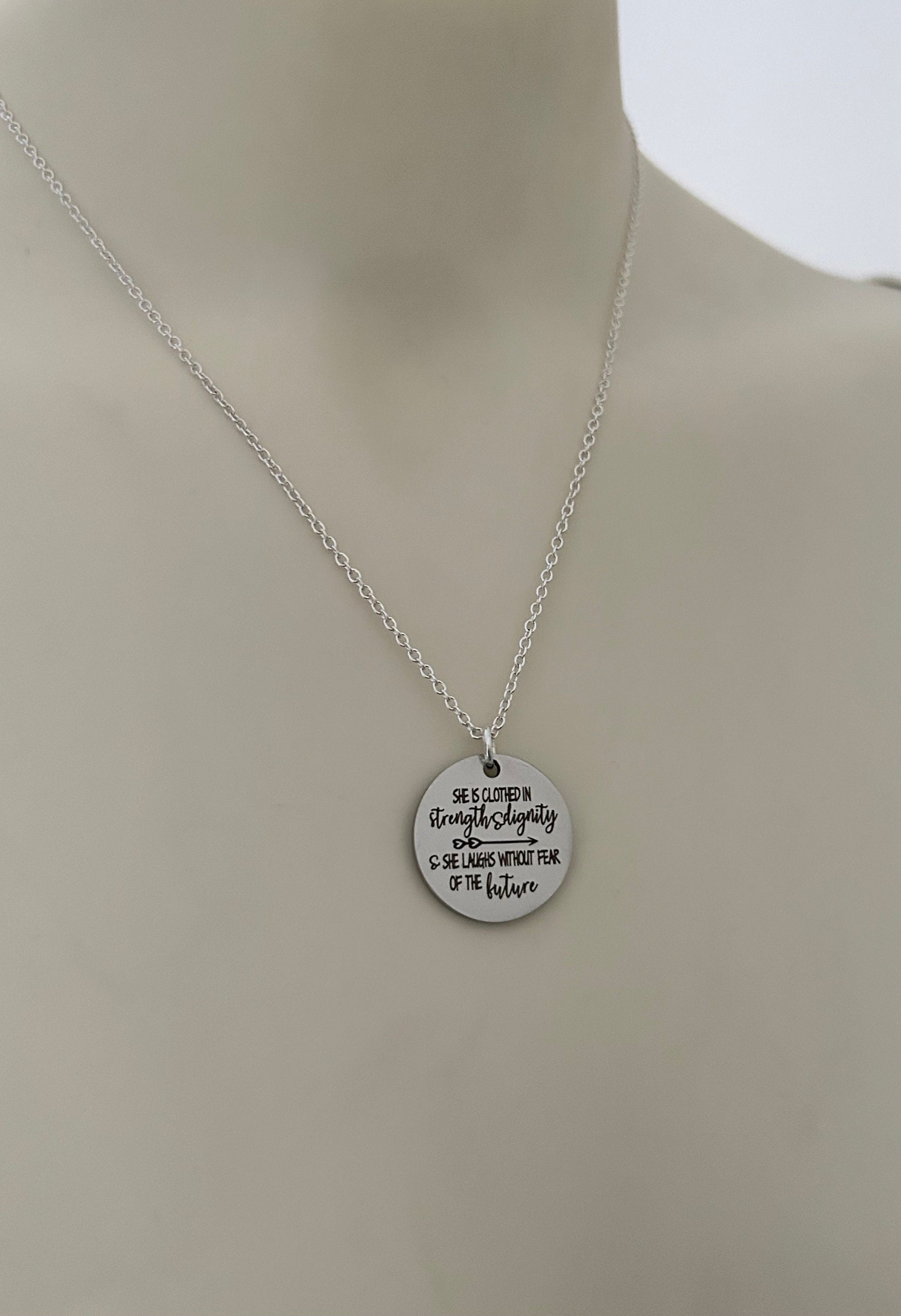 She is clothed in strength and Dignity Proverbs 31 Necklace, Christian Jewelry gifts, Engraved Bible Verse Necklace, Proverbs 31:25