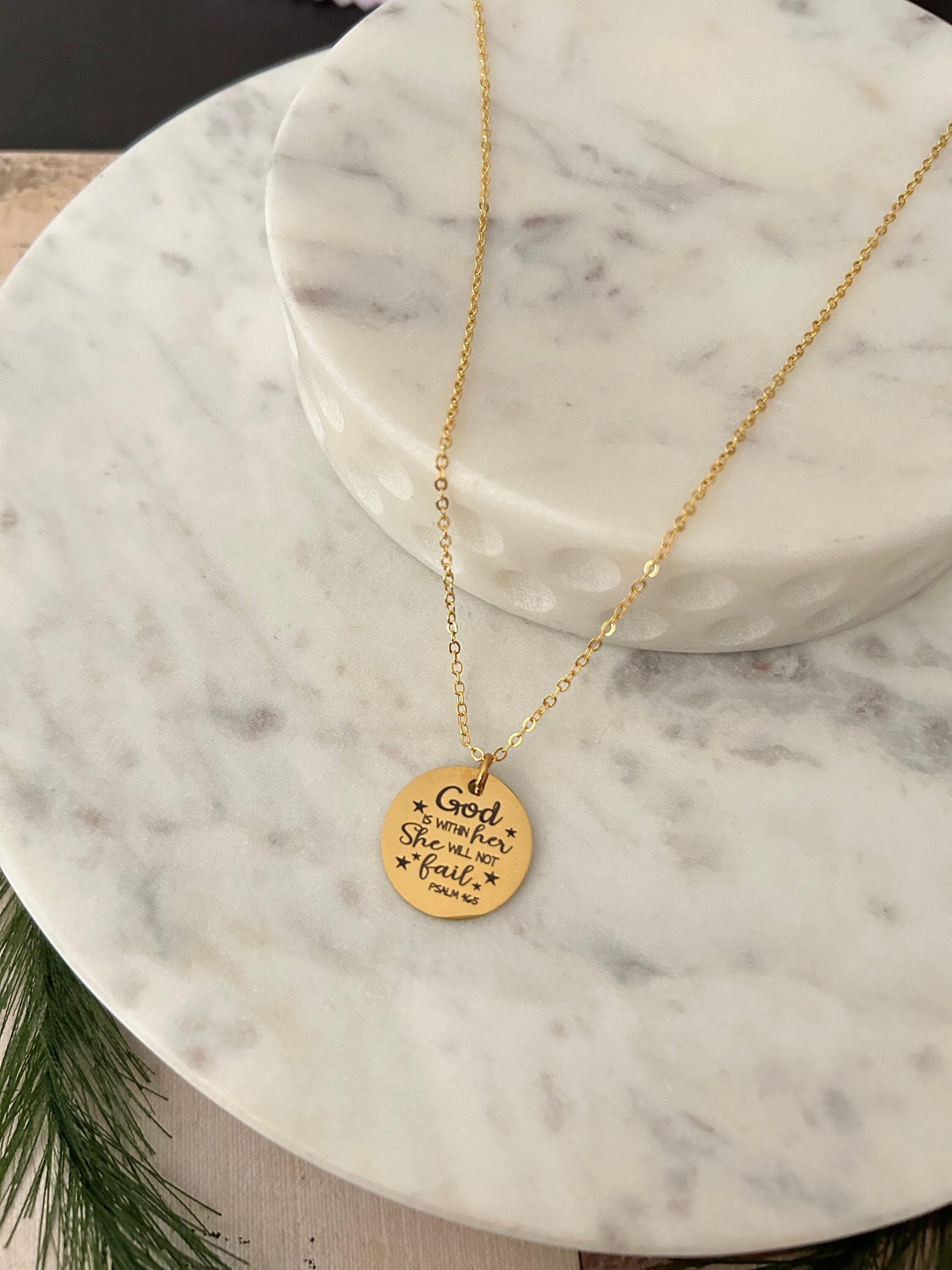 God is within Her She will not Fail Gold Necklace, Christian Jewelry, Scripture Pendant, Bible Verse Charm, Faith Gift, Gift for Daughter