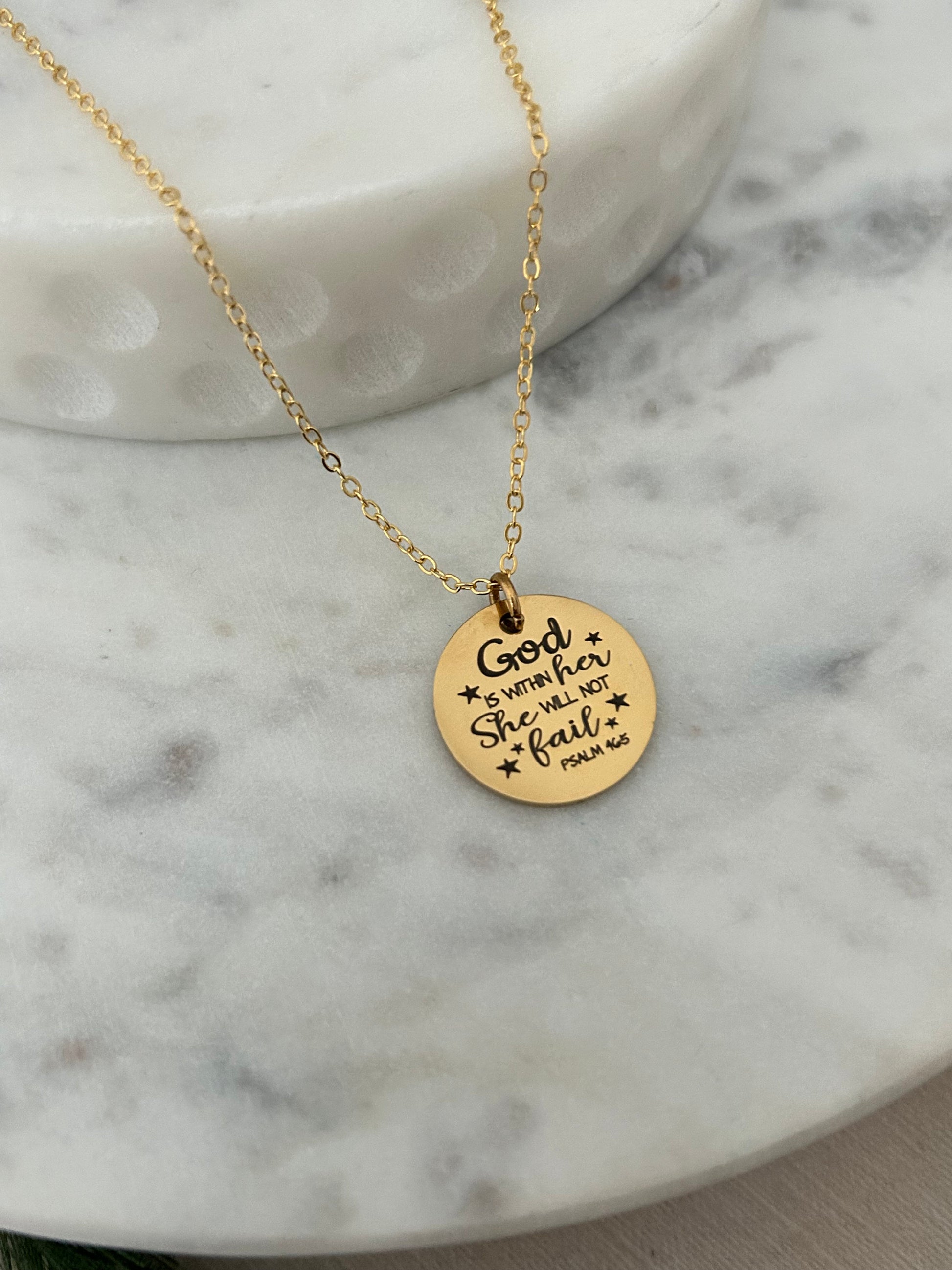 God is within Her She will not Fail Gold Necklace, Christian Jewelry, Scripture Pendant, Bible Verse Charm, Faith Gift, Gift for Daughter