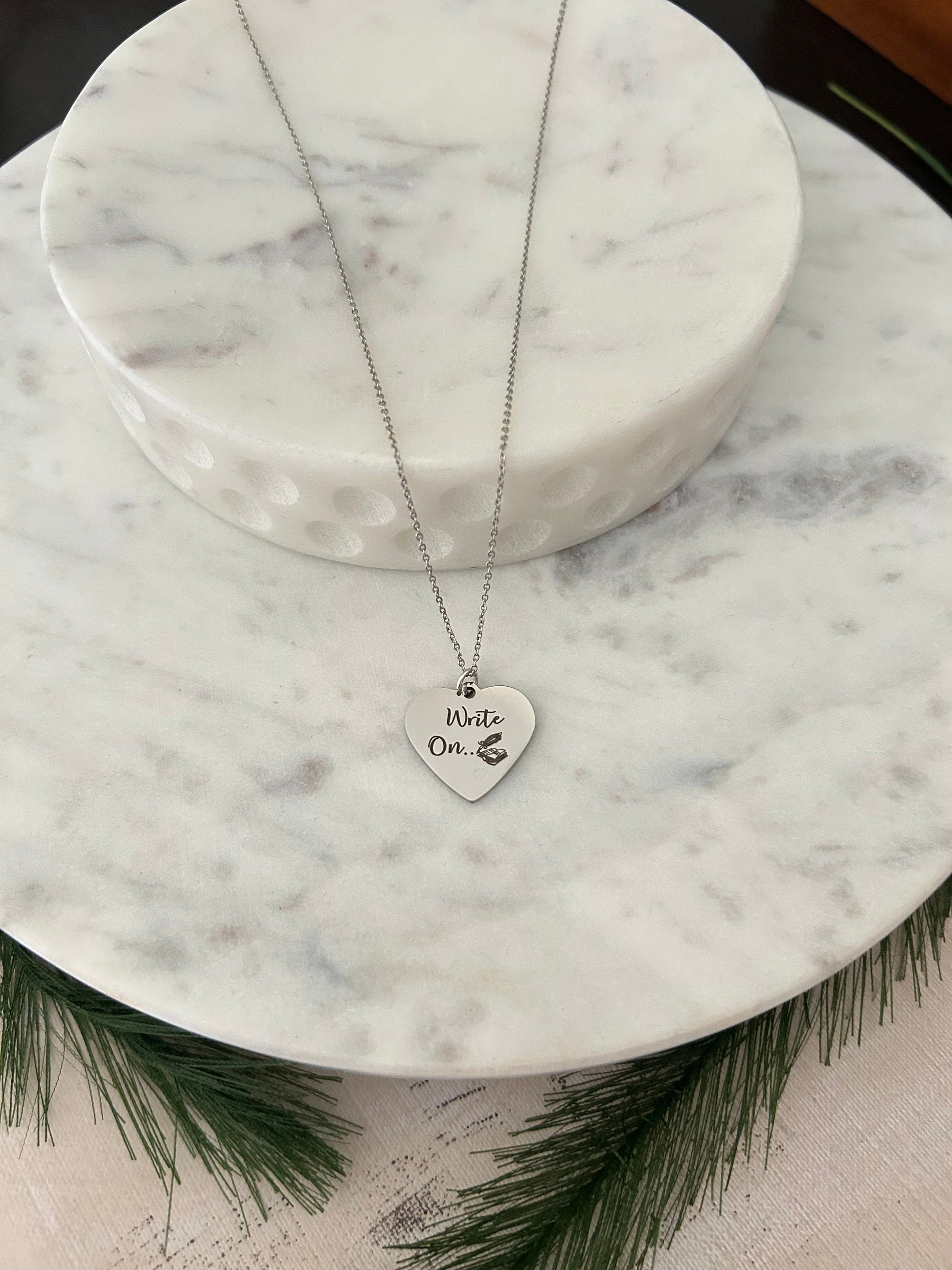 Write on Engraved Silver Necklace, Gift for Writers, Author Heart Pendant, Writers Encouragement Gift, Journaling Writing Jewelry