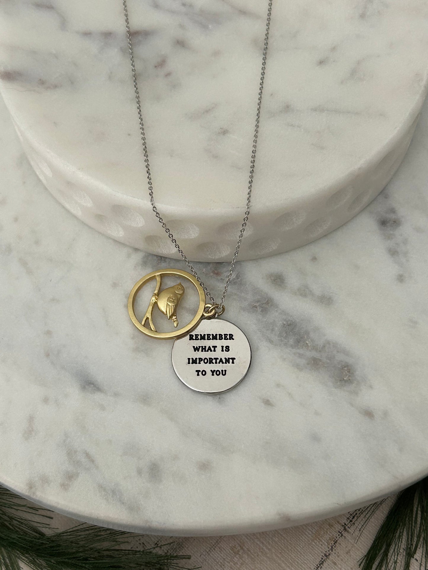 Remember what is important to you Bird Necklace, Motivational Inspirational Jewelry Two Layer Disc Pendant Self Care Charm, Bird Lovers Gift