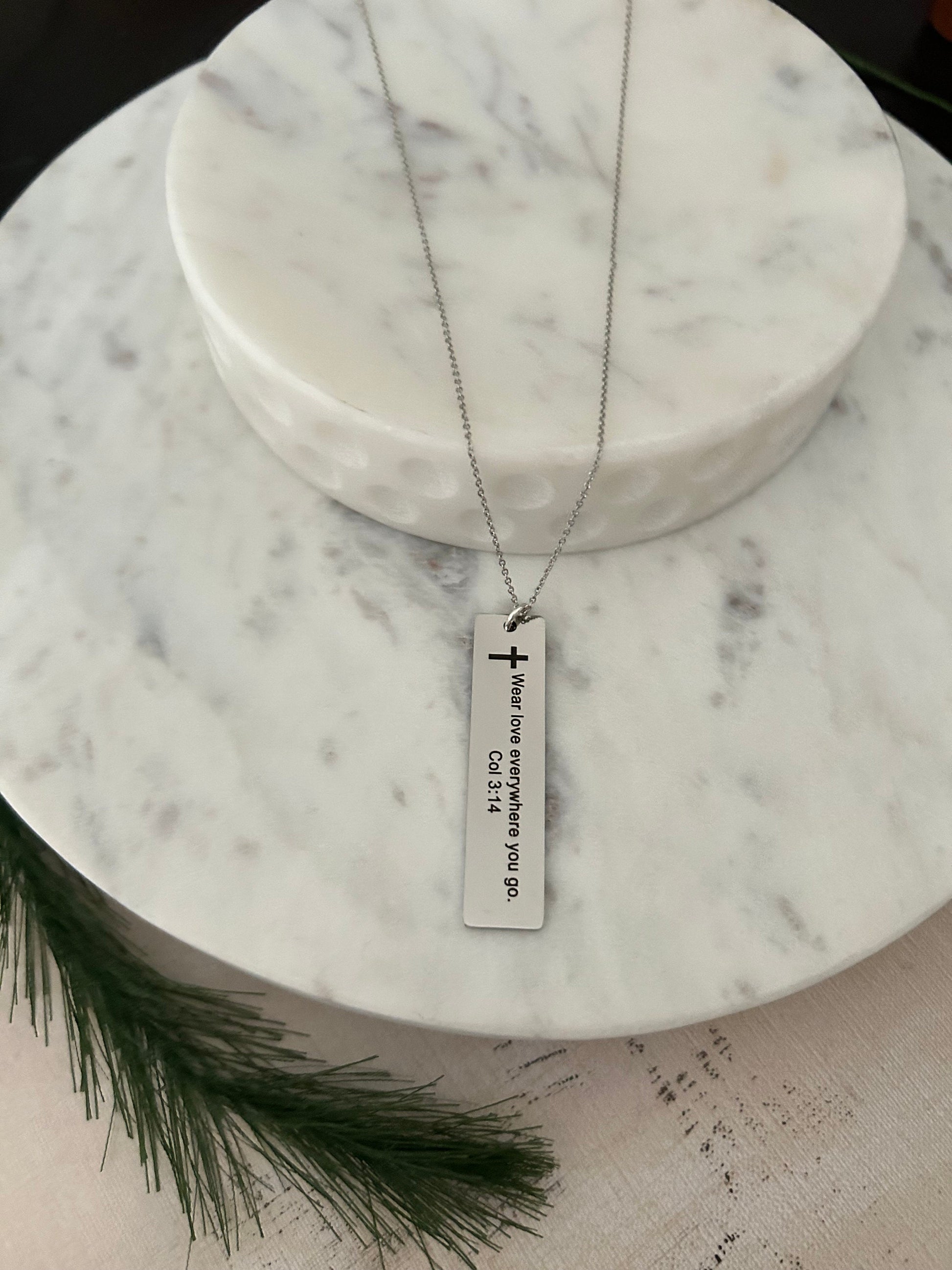 Wear Love Everywhere You Go Stainless Steel Bible Verse Bar Necklace, Scripture Charms, Christian Jewelry Gifts, Baptism Necklace