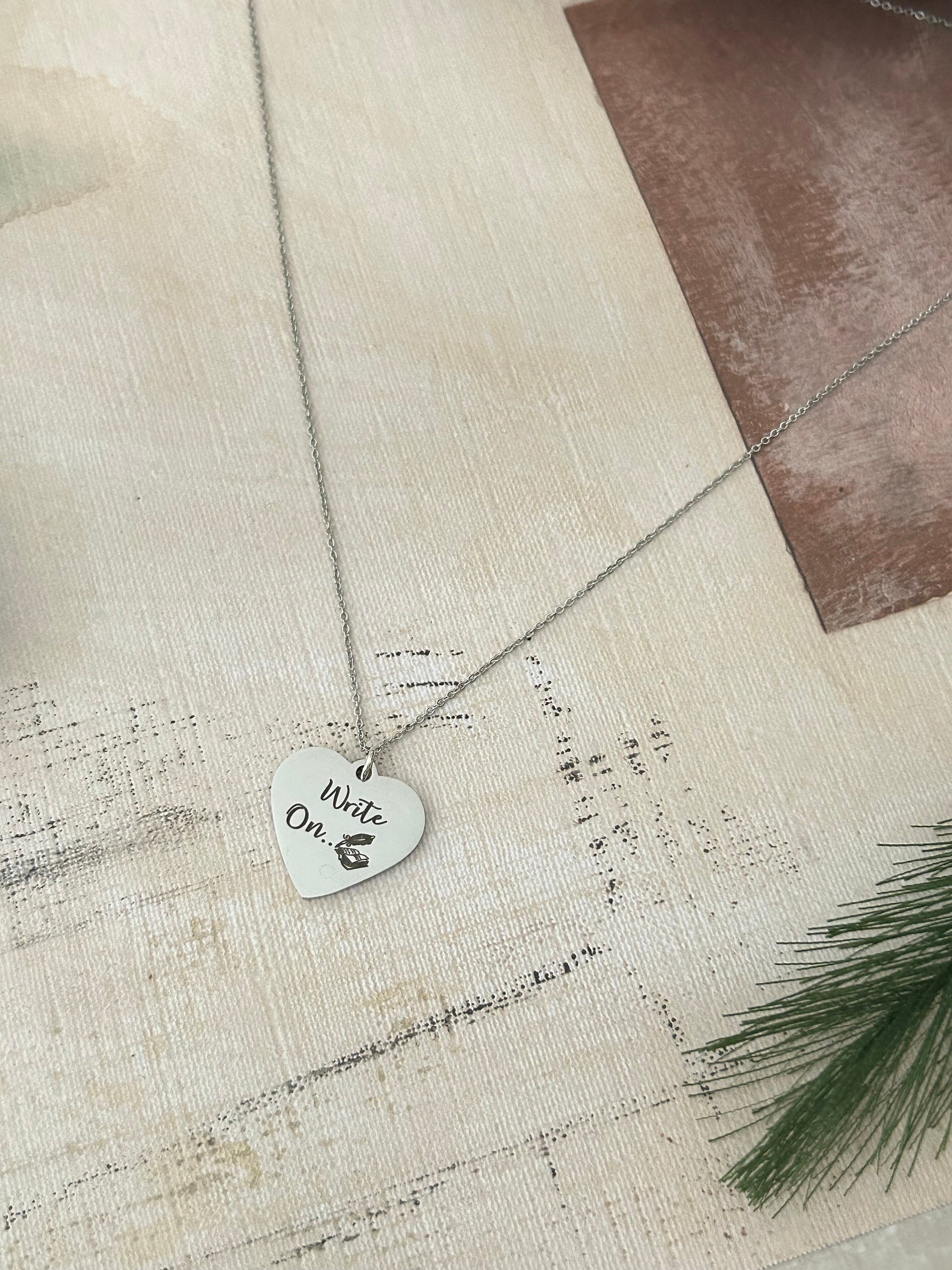 Write on Engraved Silver Necklace, Gift for Writers, Author Heart Pendant, Writers Encouragement Gift, Journaling Writing Jewelry