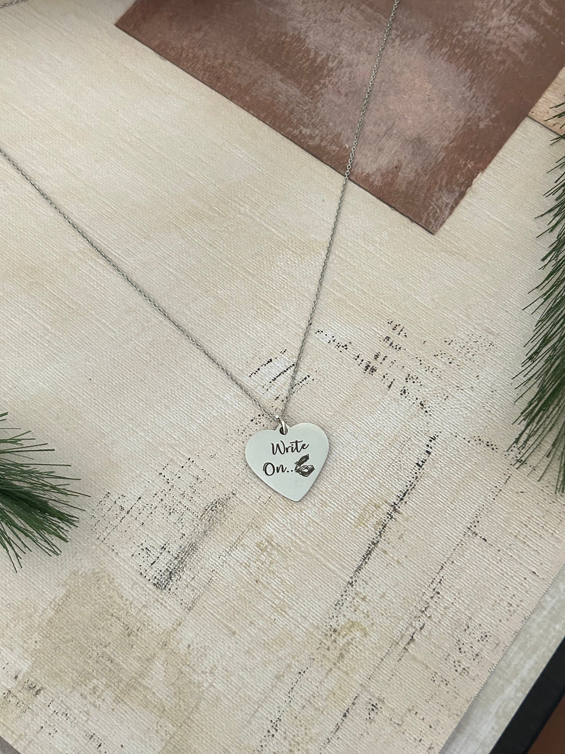 Write on Engraved Silver Necklace, Gift for Writers, Author Heart Pendant, Writers Encouragement Gift, Journaling Writing Jewelry