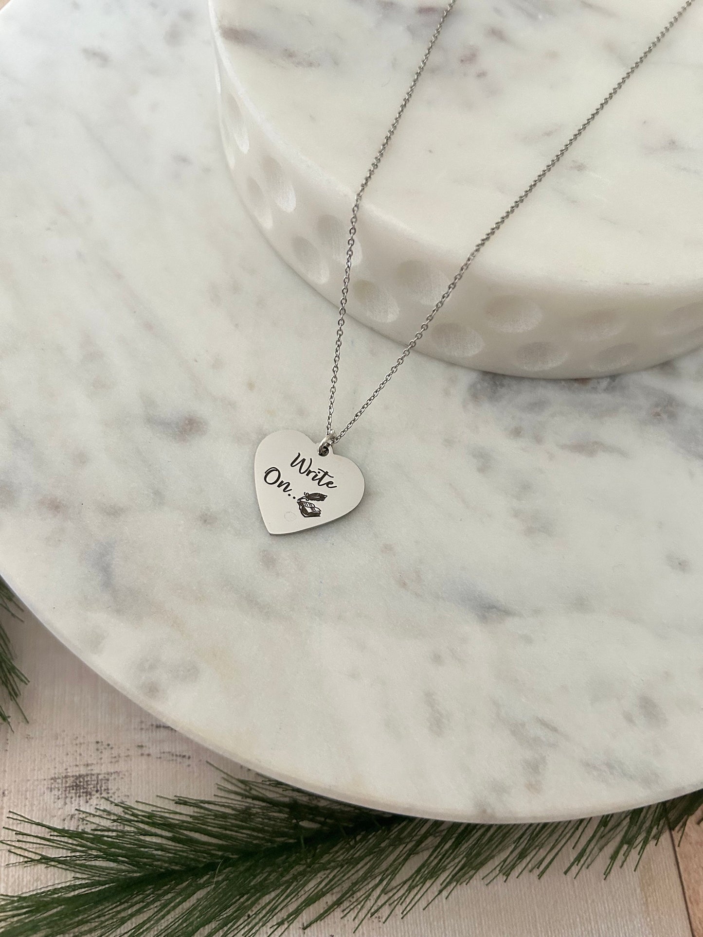 Write on Engraved Silver Necklace, Gift for Writers, Author Heart Pendant, Writers Encouragement Gift, Journaling Writing Jewelry