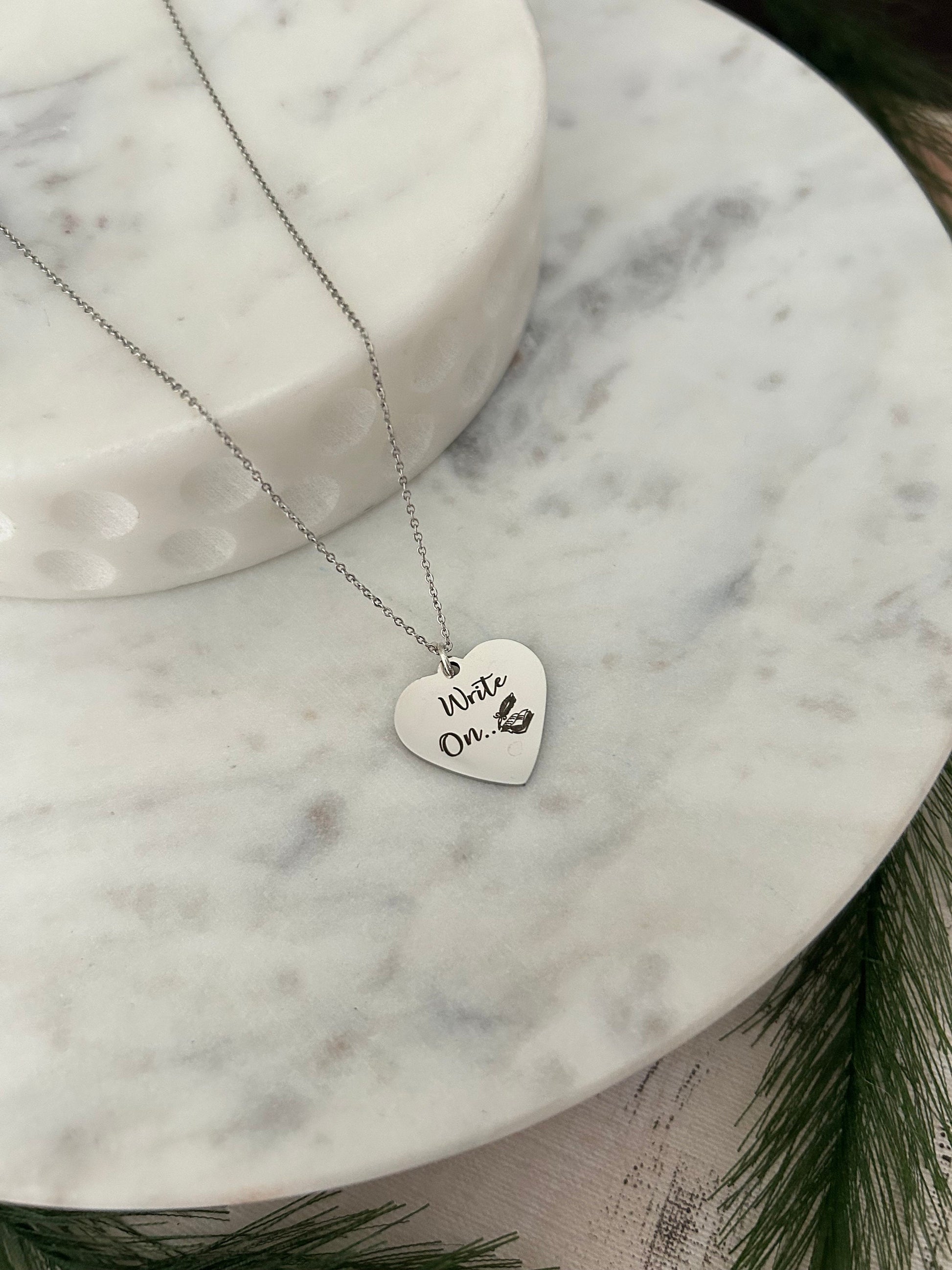 Write on Engraved Silver Necklace, Gift for Writers, Author Heart Pendant, Writers Encouragement Gift, Journaling Writing Jewelry