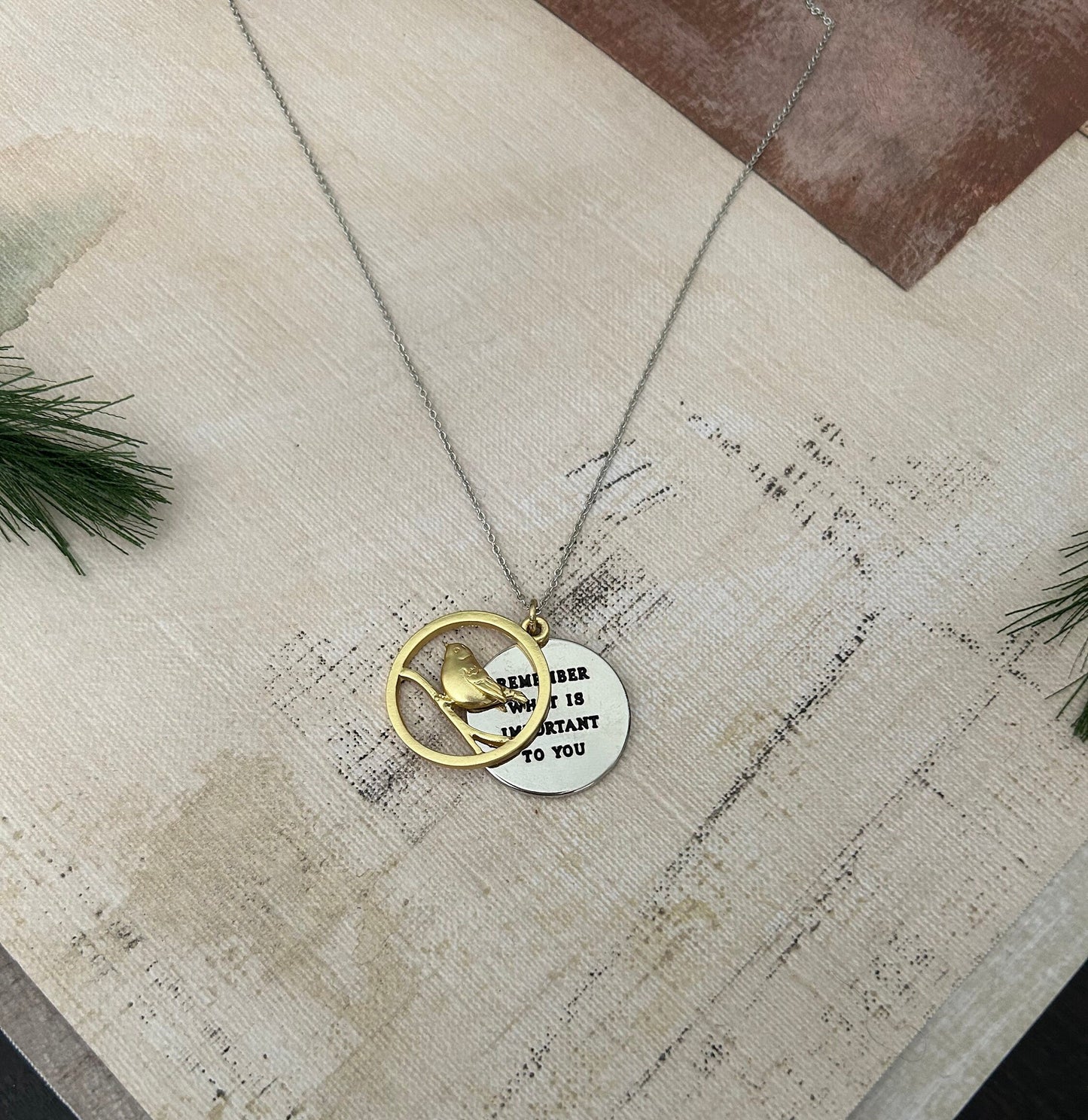 Remember what is important to you Bird Necklace, Motivational Inspirational Jewelry Two Layer Disc Pendant Self Care Charm, Bird Lovers Gift