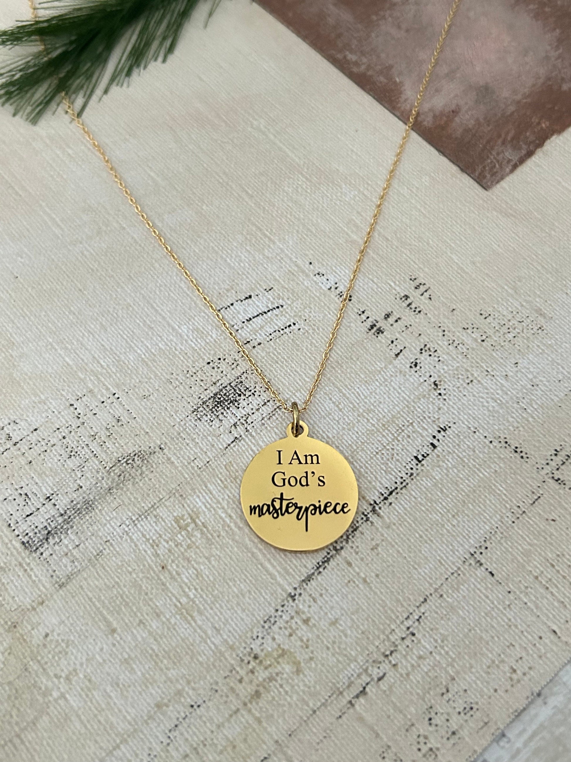 God's Masterpiece Necklace: Engraved Christian Gift, 14k Gold over Stainless Steel