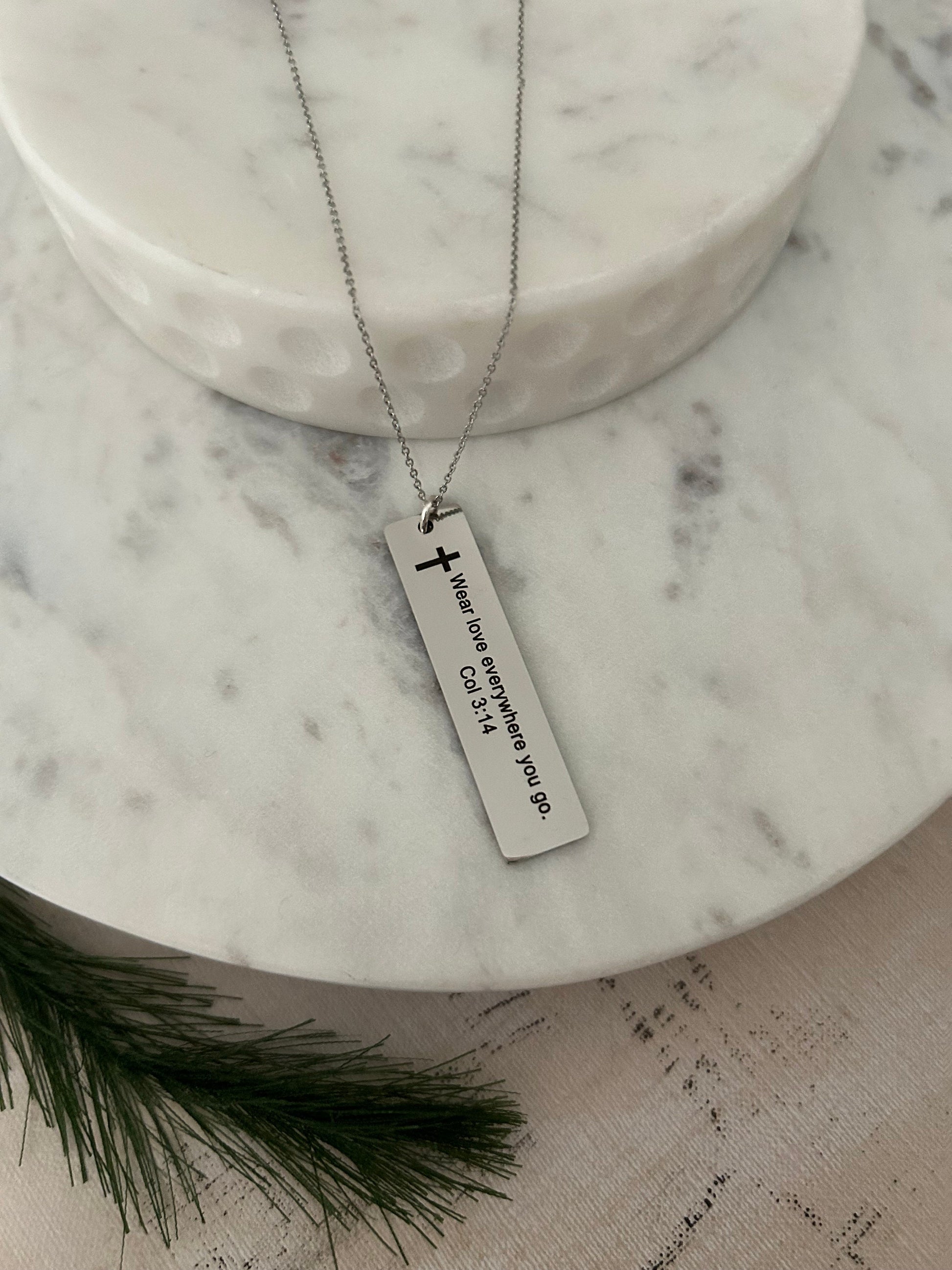 Wear Love Everywhere You Go Stainless Steel Bible Verse Bar Necklace, Scripture Charms, Christian Jewelry Gifts, Baptism Necklace