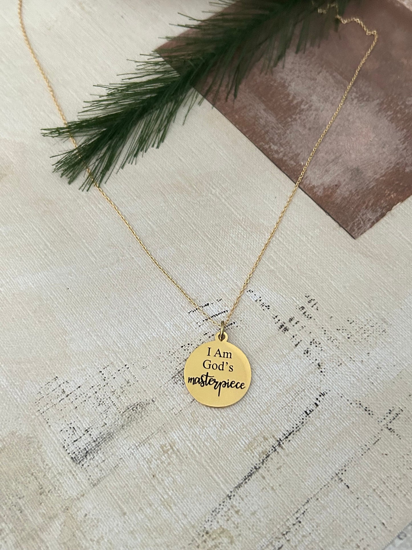 God's Masterpiece Necklace: Engraved Christian Gift, 14k Gold over Stainless Steel