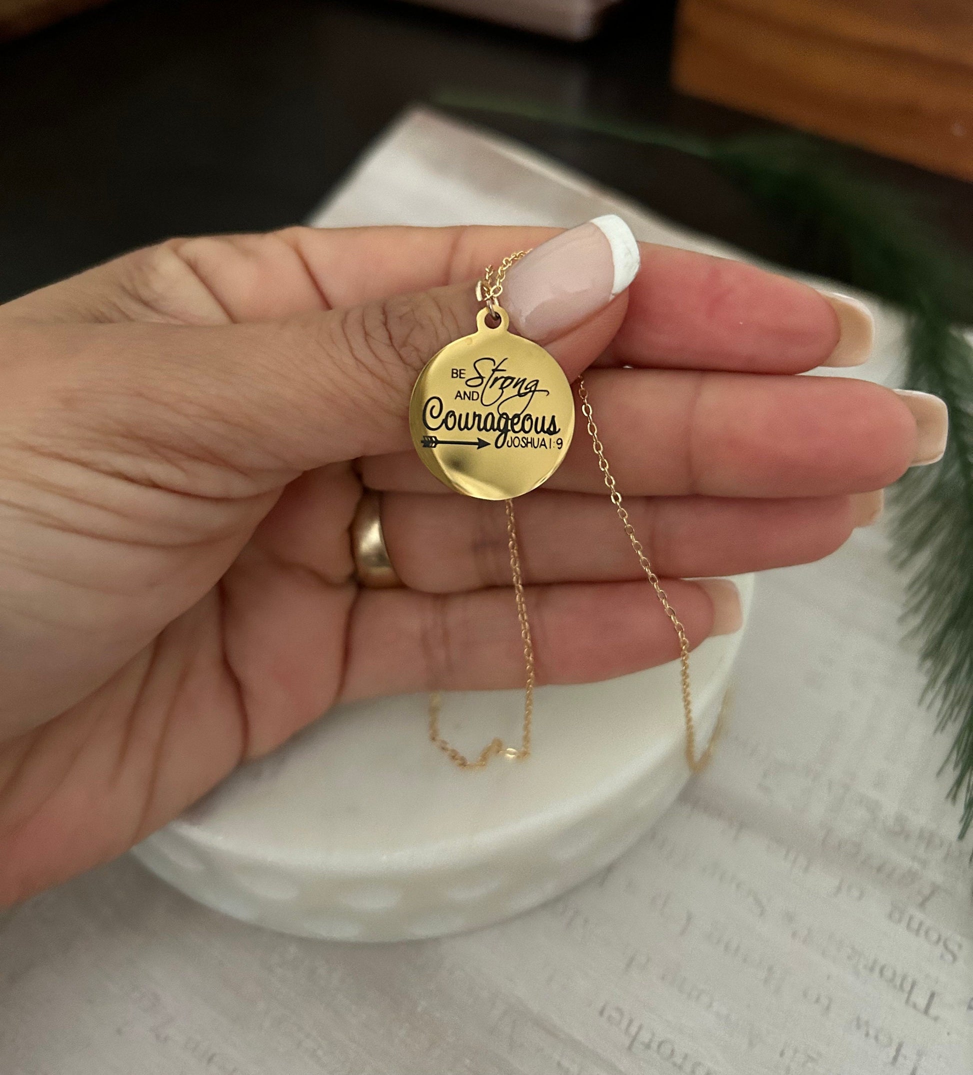 Be Strong And Courageous Disc Gold Necklace, Bible Verse Charms, Christian Gifts, Scripture Jewelry, Faith Baptism Necklace, Joshua 1:9