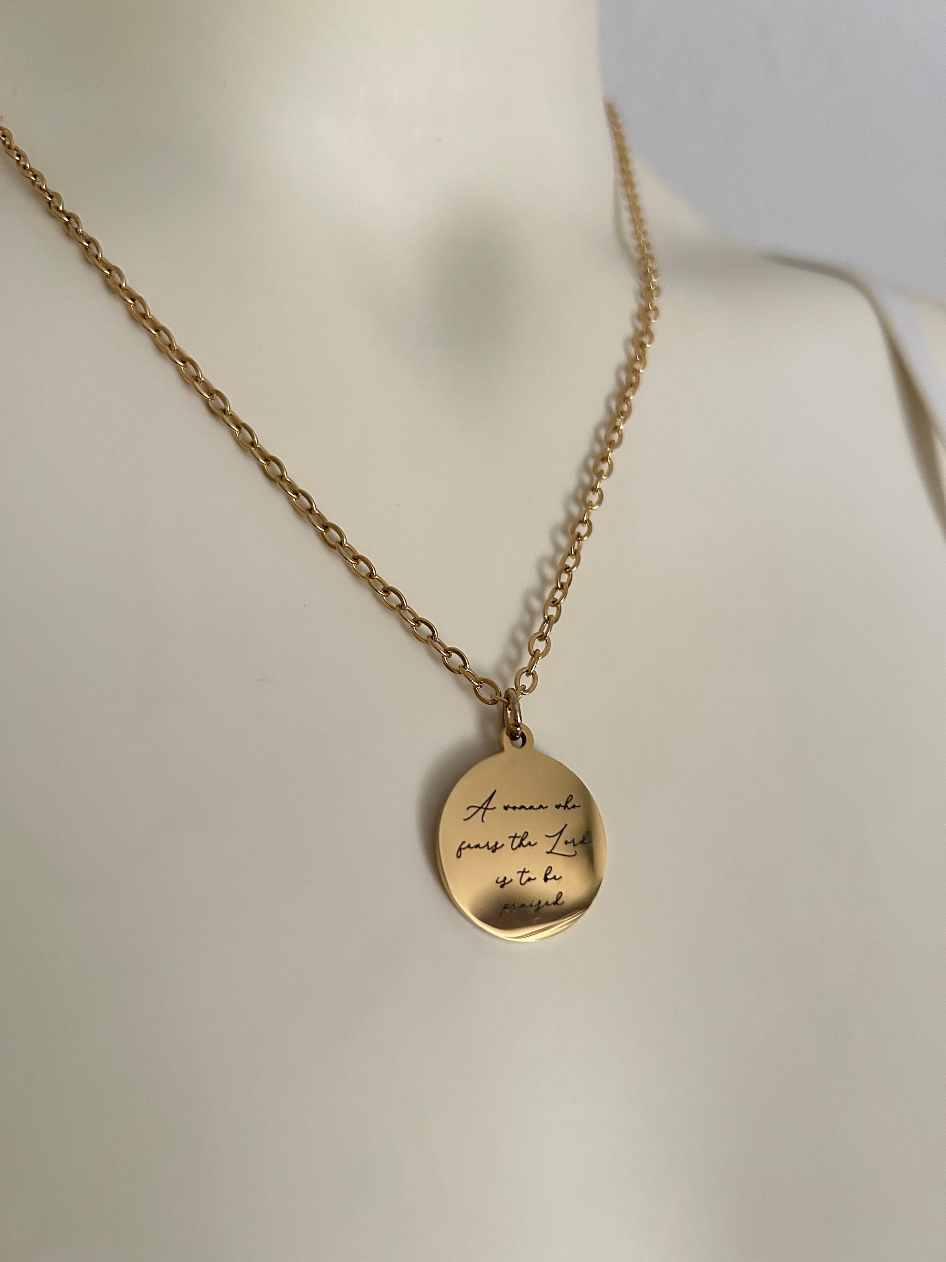 Proverbs 31 Gold Disc Necklace, A Woman who fears The Lord, Christian Gifts, Bible Verse Necklace, Proverbs Woman, Women's Retreat Gifts