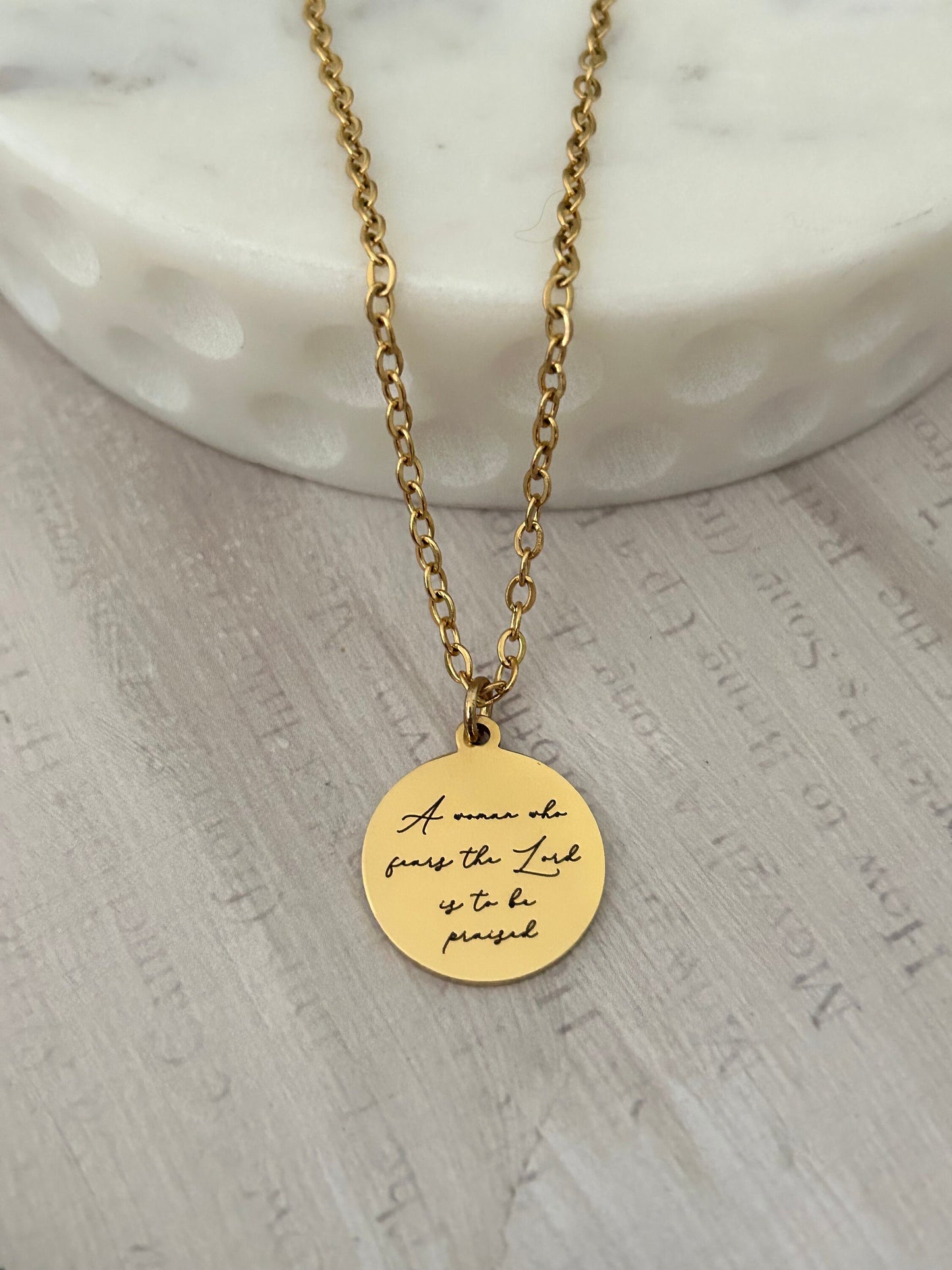 Proverbs 31 Gold Disc Necklace, A Woman who fears The Lord, Christian Gifts, Bible Verse Necklace, Proverbs Woman, Women's Retreat Gifts