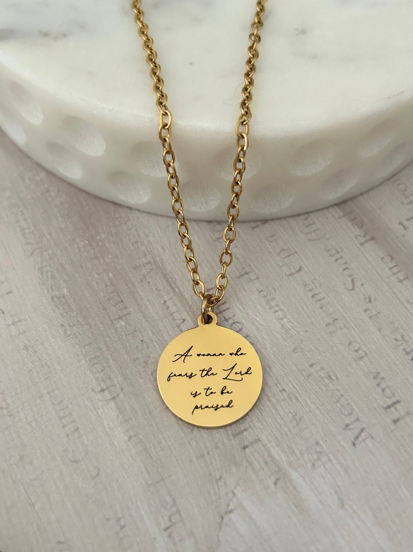 Proverbs 31 Gold Disc Necklace, A Woman who fears The Lord is to be praised, Christian Jewelry Gifts, Bible Verse Necklace, Proverbs Woman