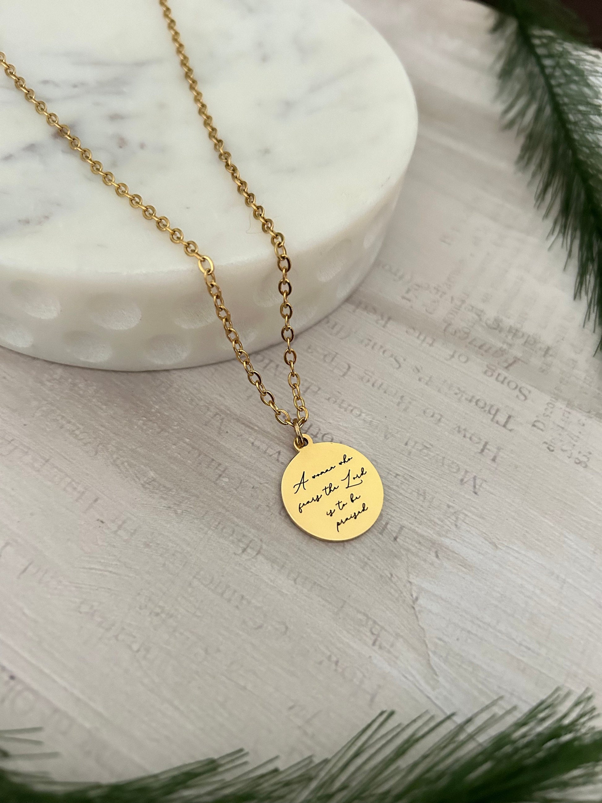 Proverbs 31 Gold Disc Necklace, A Woman who fears The Lord is to be praised, Christian Jewelry Gifts, Bible Verse Necklace, Proverbs Woman