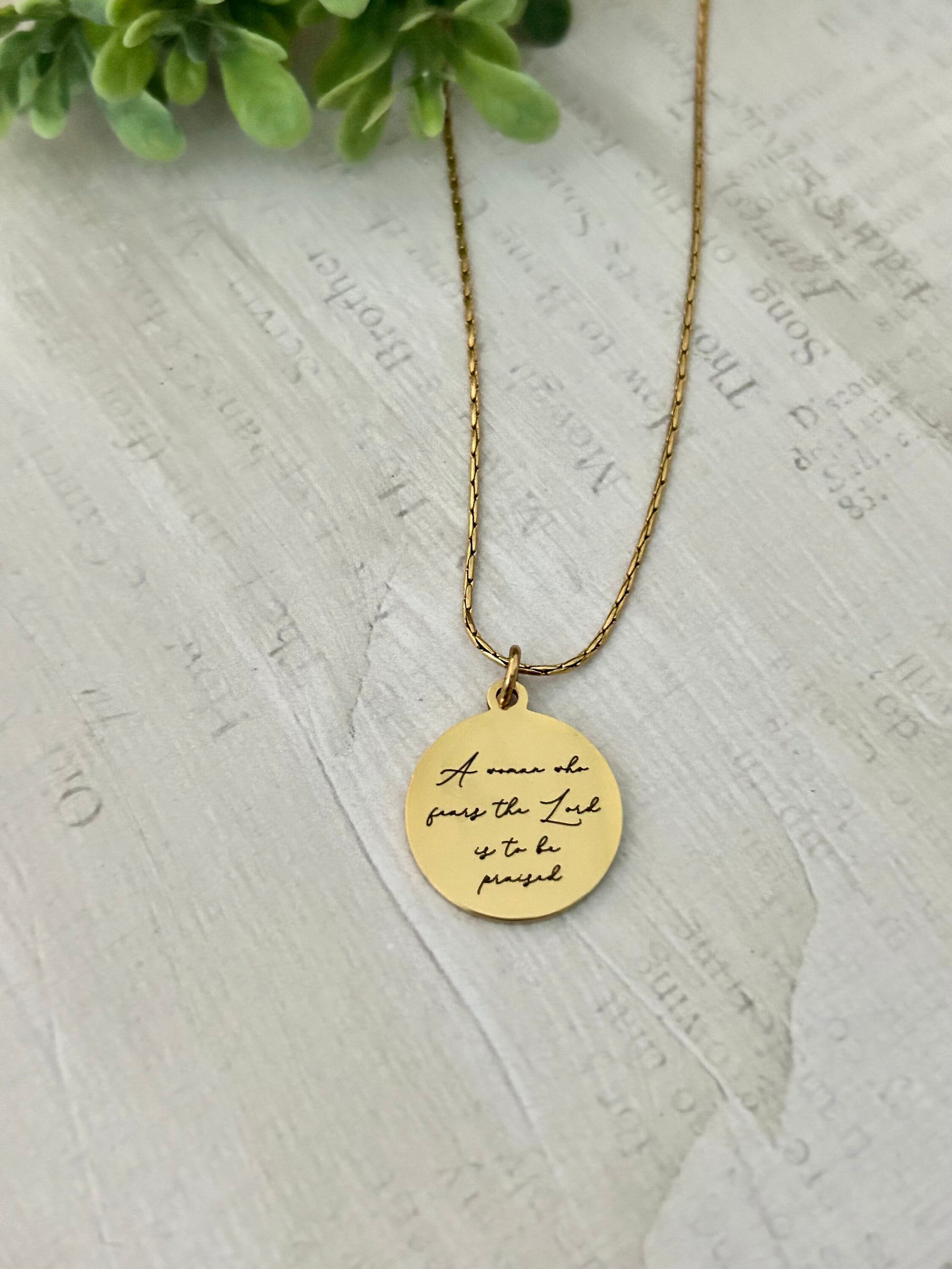 Proverbs 31 Gold Disc Necklace, A Woman who fears The Lord is to be praised, Christian Jewelry Gifts, Bible Verse Necklace, Proverbs Woman