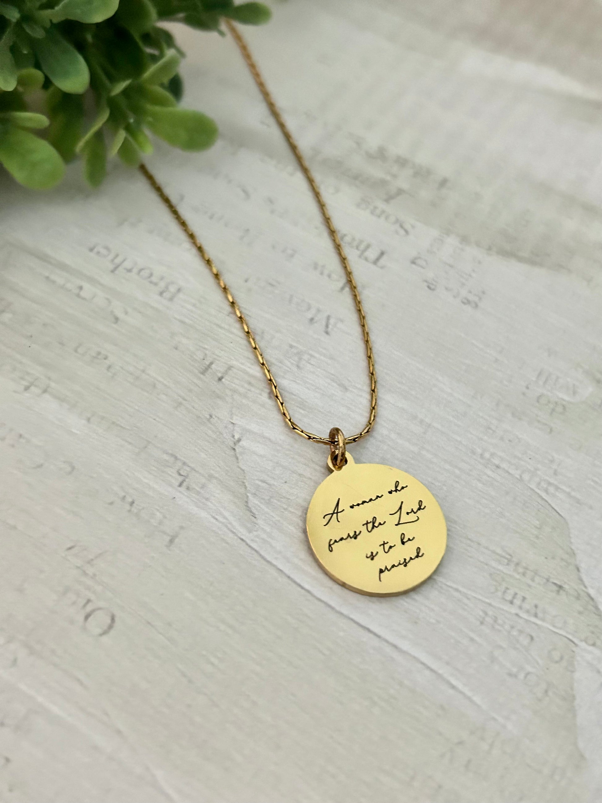 Proverbs 31 Gold Disc Necklace, A Woman who fears The Lord is to be praised, Christian Jewelry Gifts, Bible Verse Necklace, Proverbs Woman