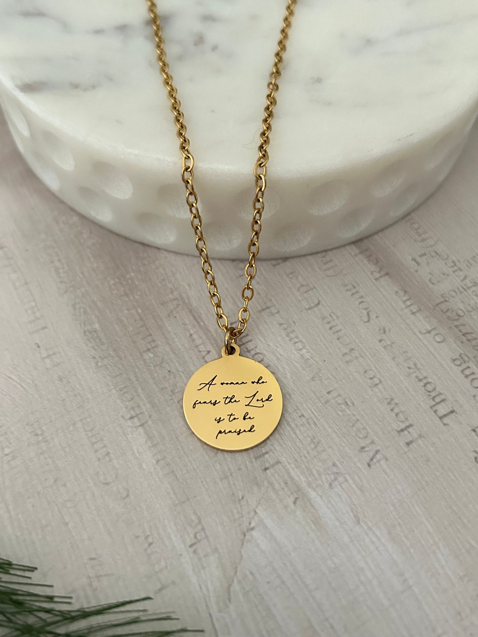 Proverbs 31 Gold Disc Necklace, A Woman who fears The Lord is to be praised, Christian Jewelry Gifts, Bible Verse Necklace, Proverbs Woman