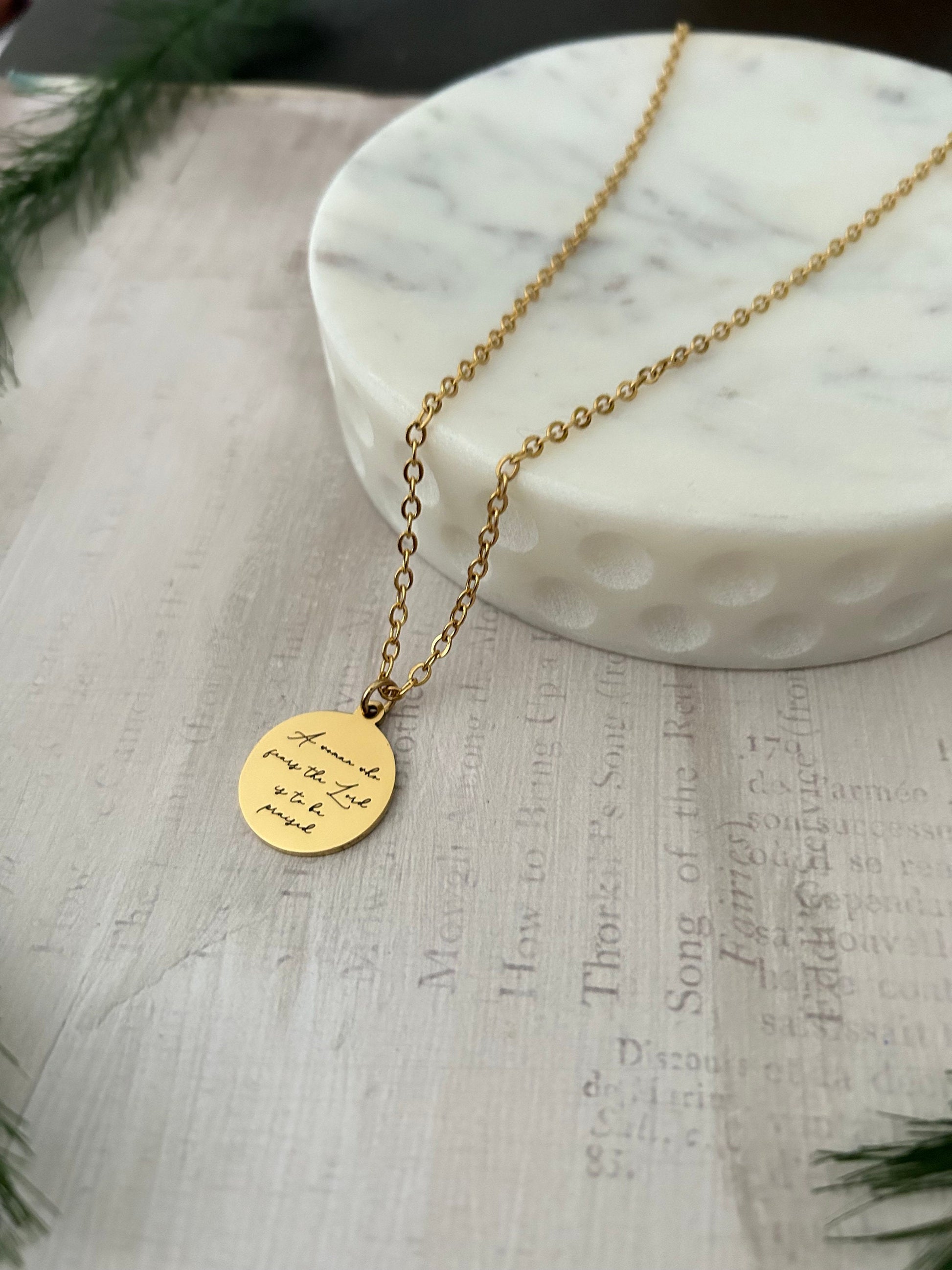 Proverbs 31 Gold Disc Necklace, A Woman who fears The Lord, Christian Gifts, Bible Verse Necklace, Proverbs Woman, Women's Retreat Gifts