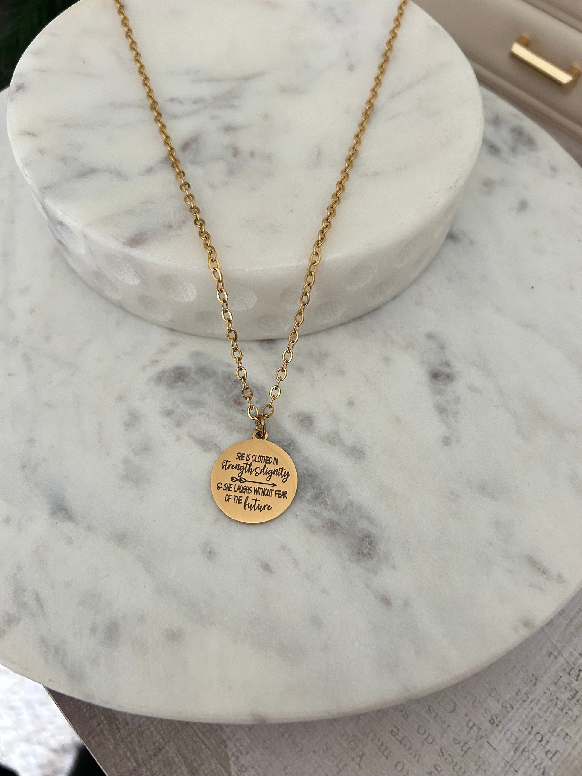 Proverbs 31:25 Gold Necklace, She is clothed in strength and Dignity, Christian Gifts Jewelry, Bible Quote Necklace, Scripture Jewelry,