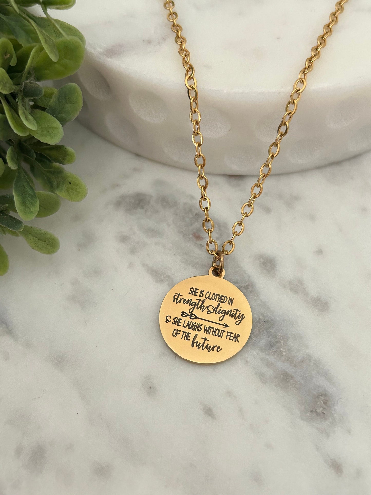 Proverbs 31:25 Gold Necklace, She is clothed in strength and Dignity, Christian Gifts Jewelry, Bible Quote Necklace, Scripture Jewelry,