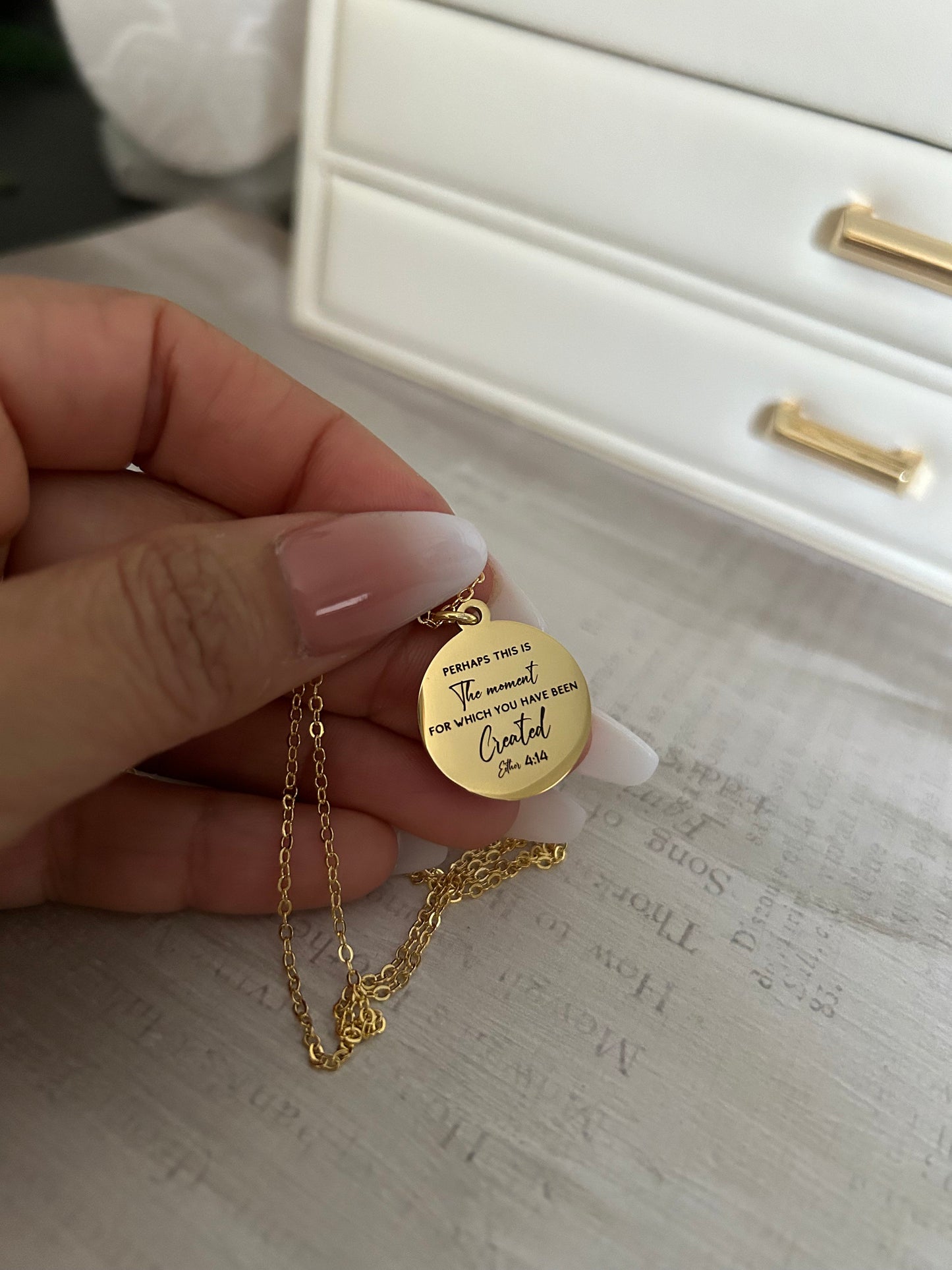 Perhaps this is the moment for which you have been created Gold Disc Necklace, scripture pendant, bible verse charm, Christian jewelry Gifts