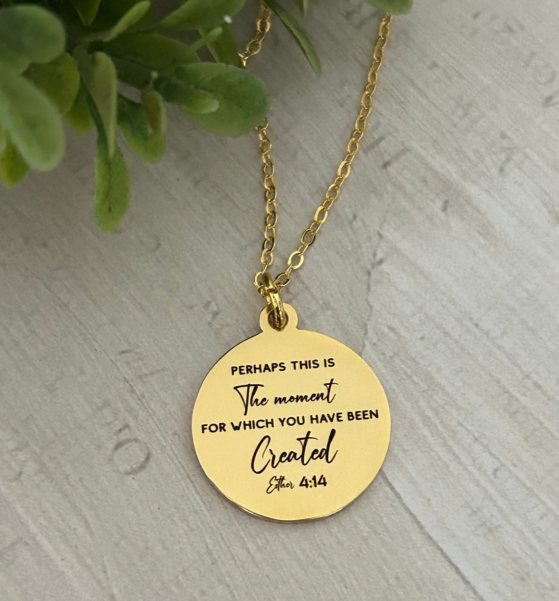 Perhaps this is the moment for which you have been created Gold Disc Necklace, scripture pendant, bible verse charm, Christian jewelry Gifts