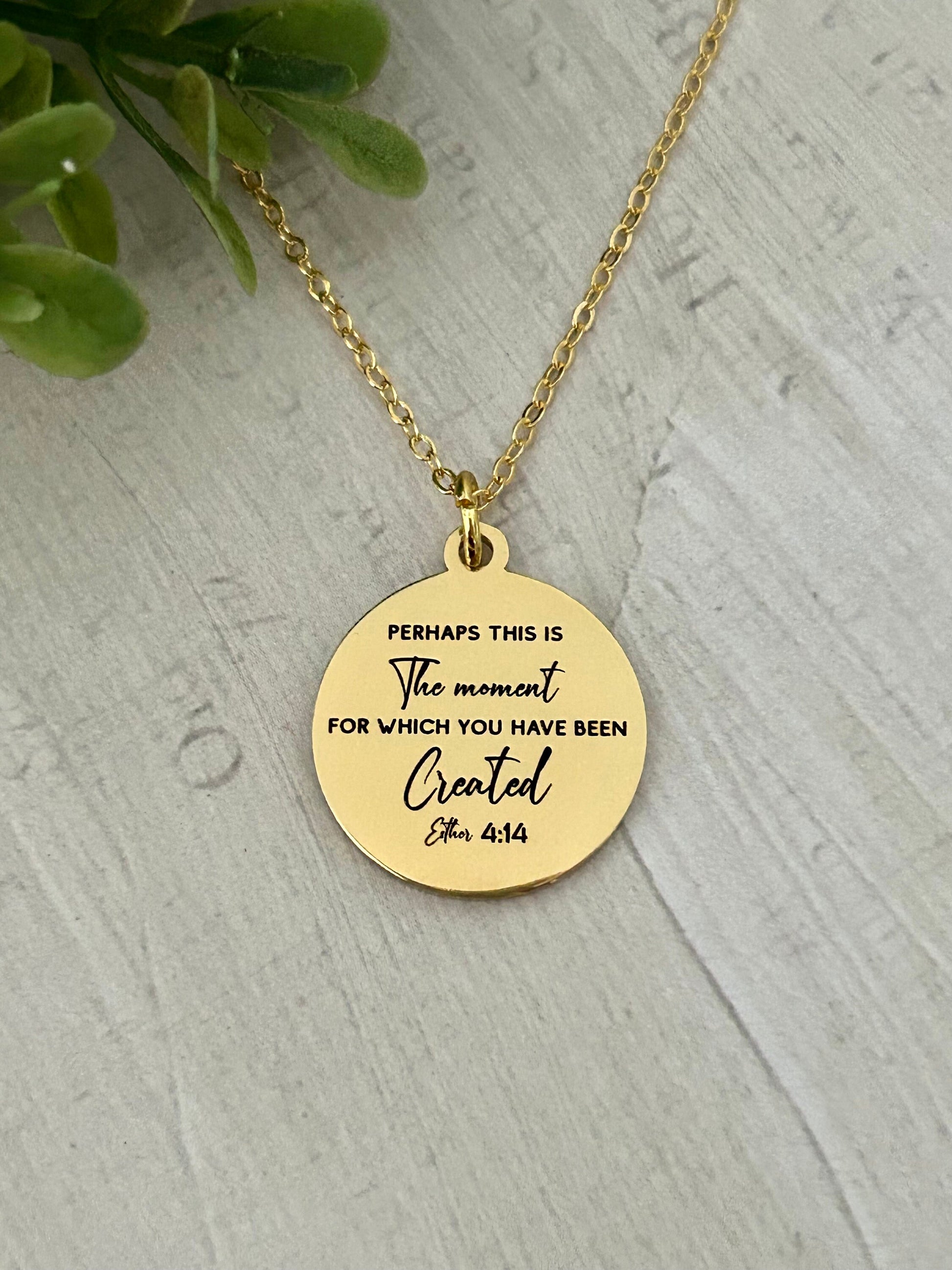 Perhaps this is the moment for which you have been created Gold Disc Necklace, scripture pendant, bible verse charm, Christian jewelry Gifts