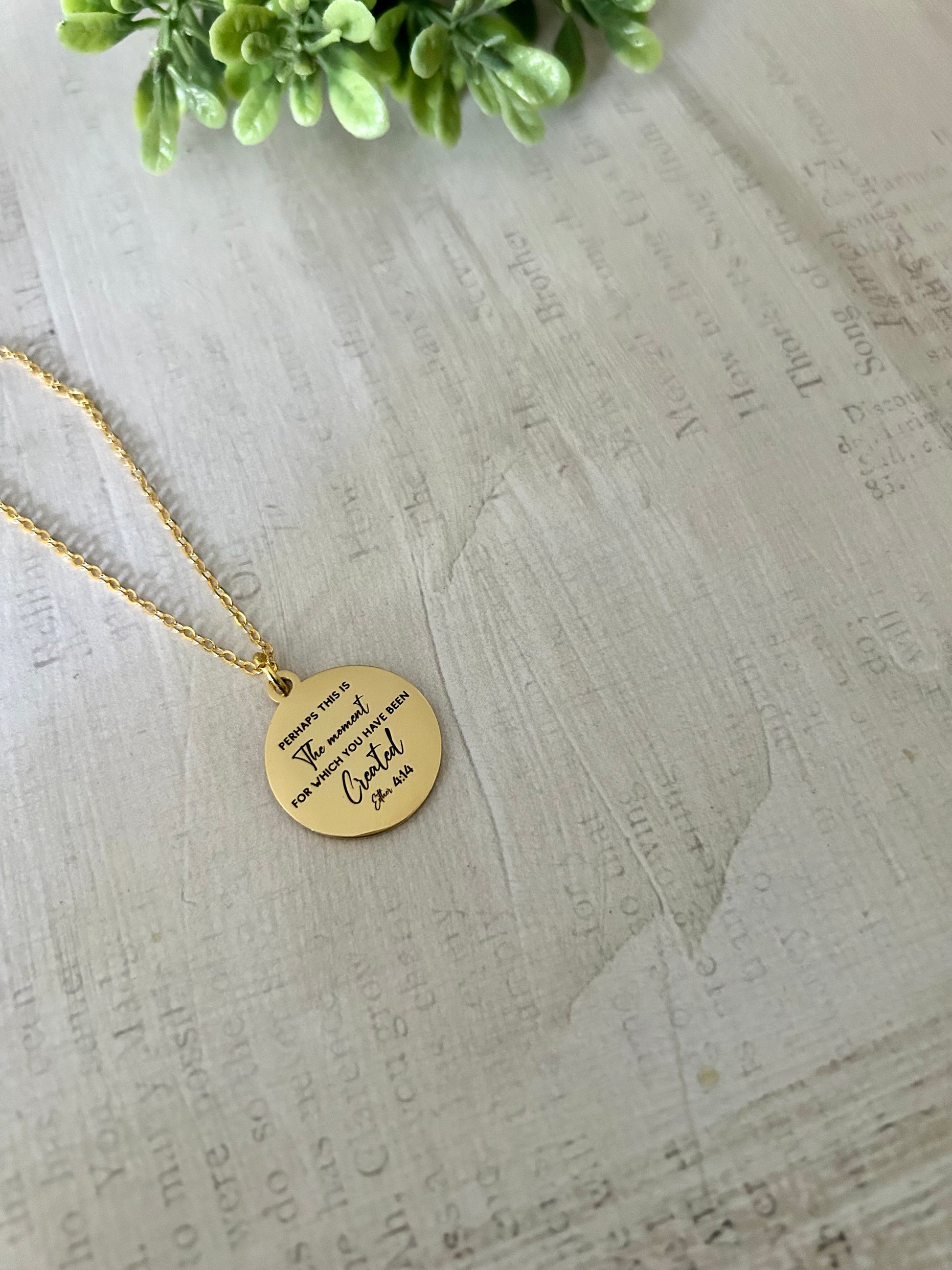 Perhaps this is the moment for which you have been created Gold Disc Necklace, scripture pendant, bible verse charm, Christian jewelry Gifts