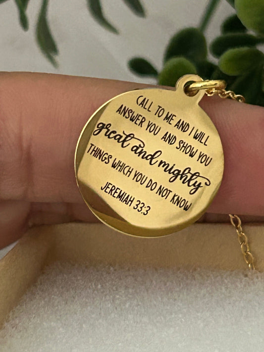 Call to me and I will Answer You Jeremiah 33:3 Bible Verse Gold Necklace, Christian Jewelry, Scripture Necklace, Christian Gifts for Women