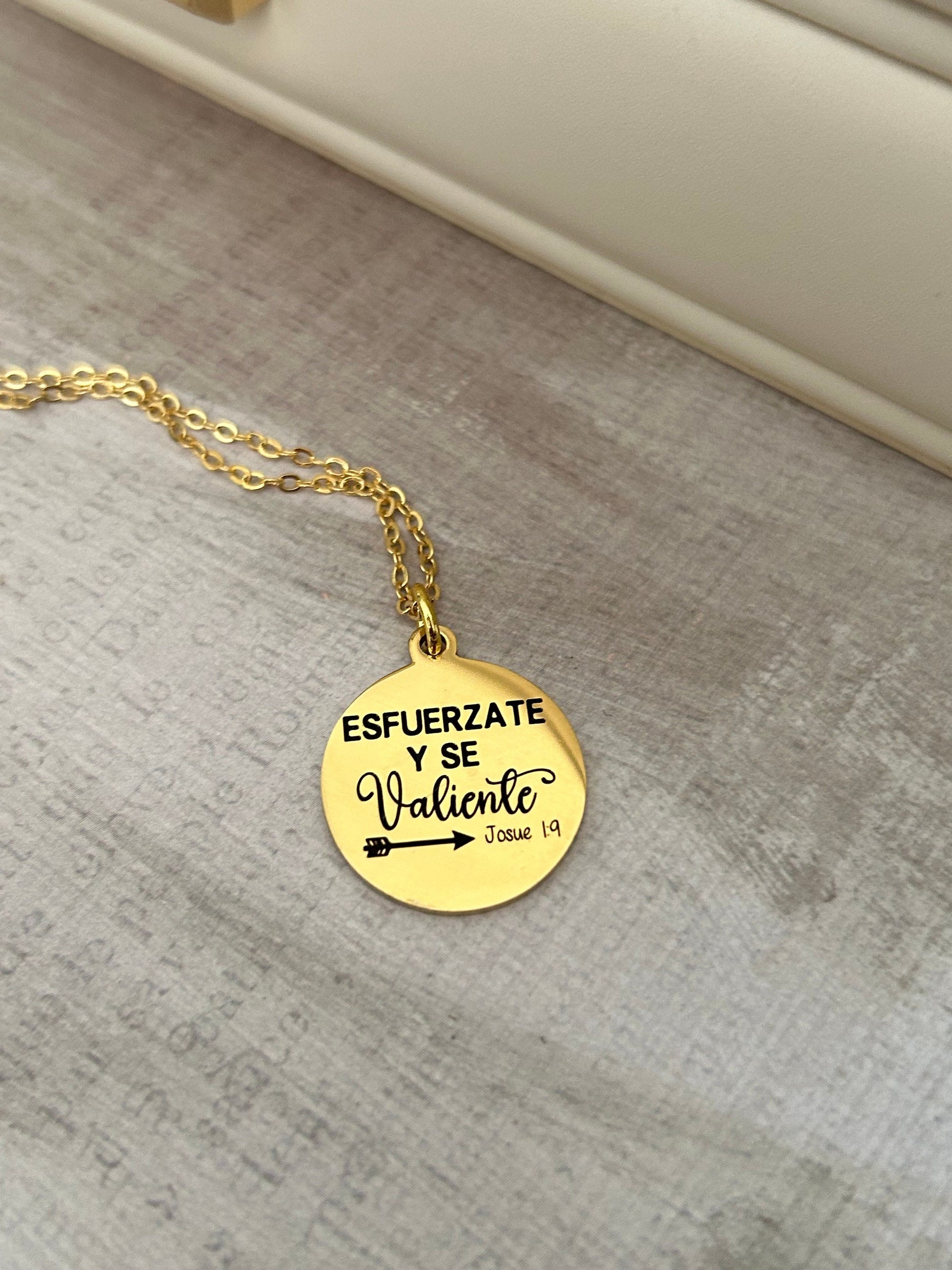 Be Strong And Courageous Gold Necklace Spanish, Esfuerzate y se Valiente, Bible Verse Charms, Christian Gifts, Scripture Jewelry, Joshua 1:9