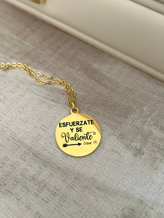 Be Strong And Courageous Gold Necklace Spanish, Esfuerzate y se Valiente, Bible Verse Charms, Christian Gifts, Scripture Jewelry, Joshua 1:9