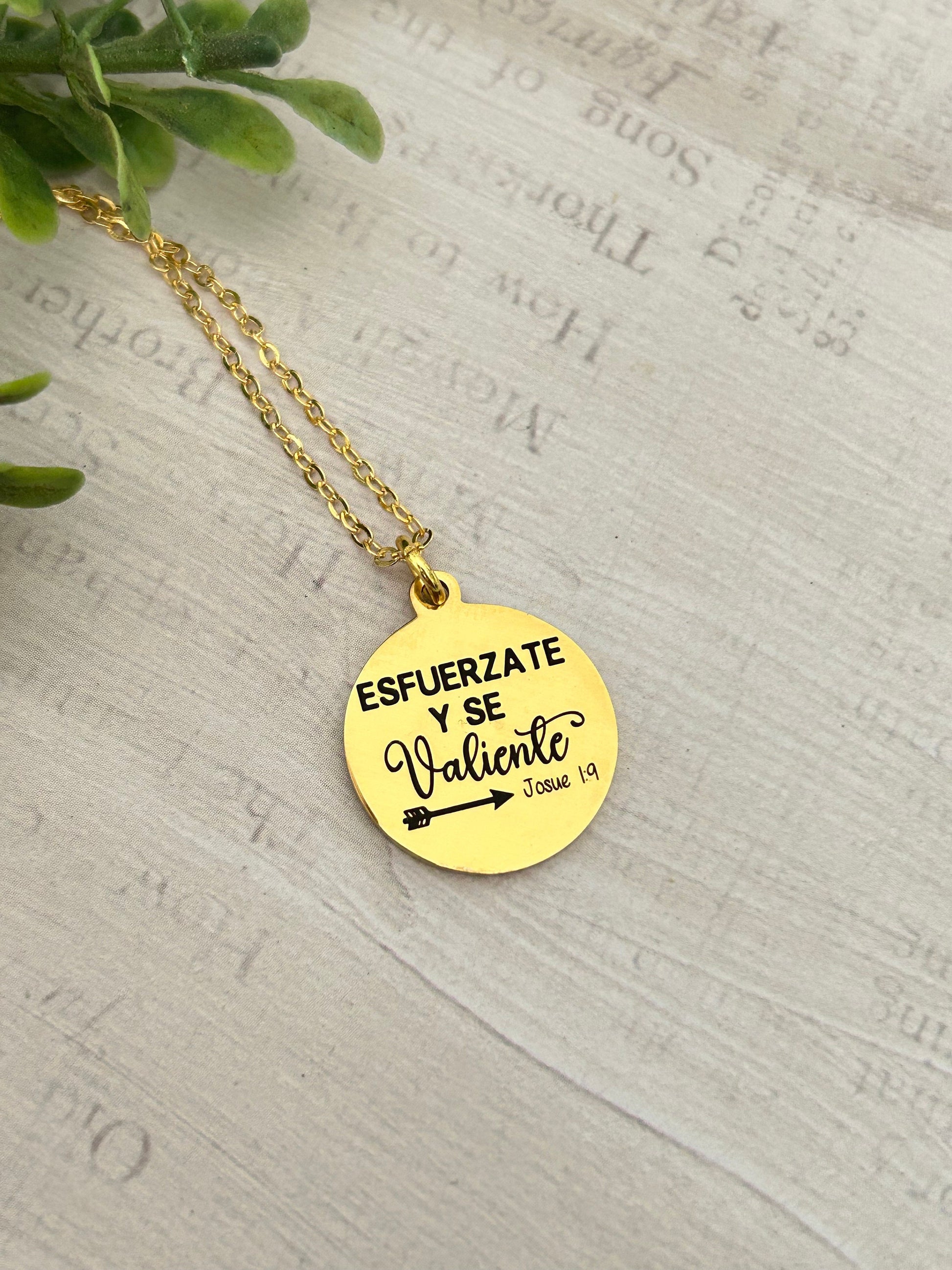 Be Strong And Courageous Gold Necklace Spanish, Esfuerzate y se Valiente, Bible Verse Charms, Christian Gifts, Scripture Jewelry, Joshua 1:9