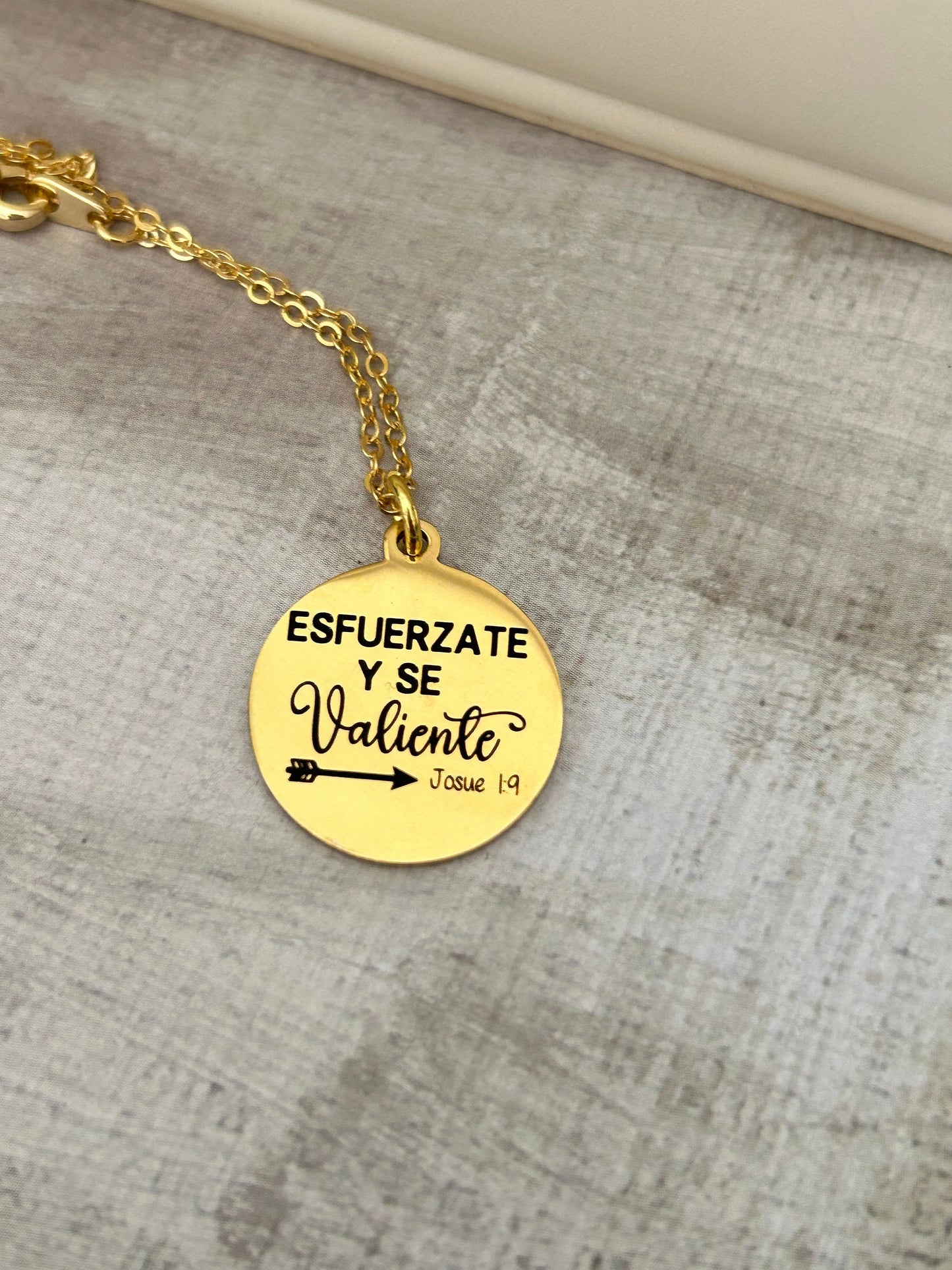 Be Strong And Courageous Gold Necklace Spanish, Esfuerzate y se Valiente, Bible Verse Charms, Christian Gifts, Scripture Jewelry, Joshua 1:9