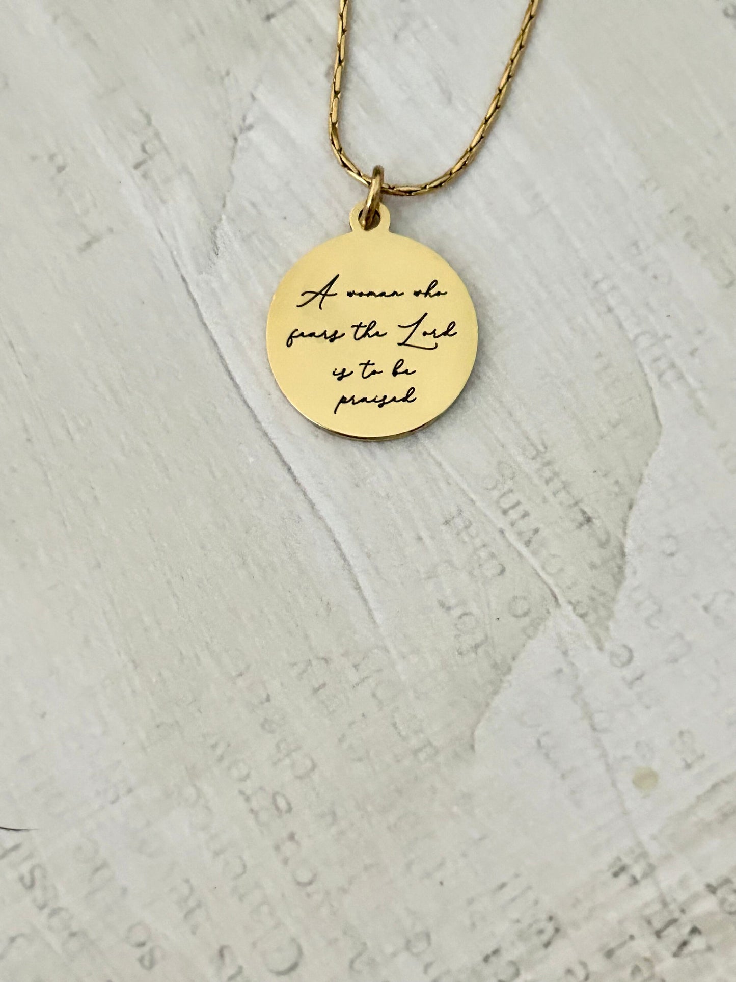 Proverbs 31 Gold Disc Necklace, A Woman who fears The Lord is to be praised, Christian Jewelry Gifts, Bible Verse Necklace, Proverbs Woman