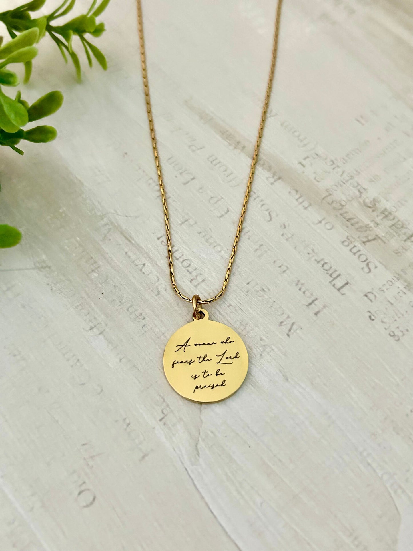 Proverbs 31 Gold Disc Necklace, A Woman who fears The Lord is to be praised, Christian Jewelry Gifts, Bible Verse Necklace, Proverbs Woman