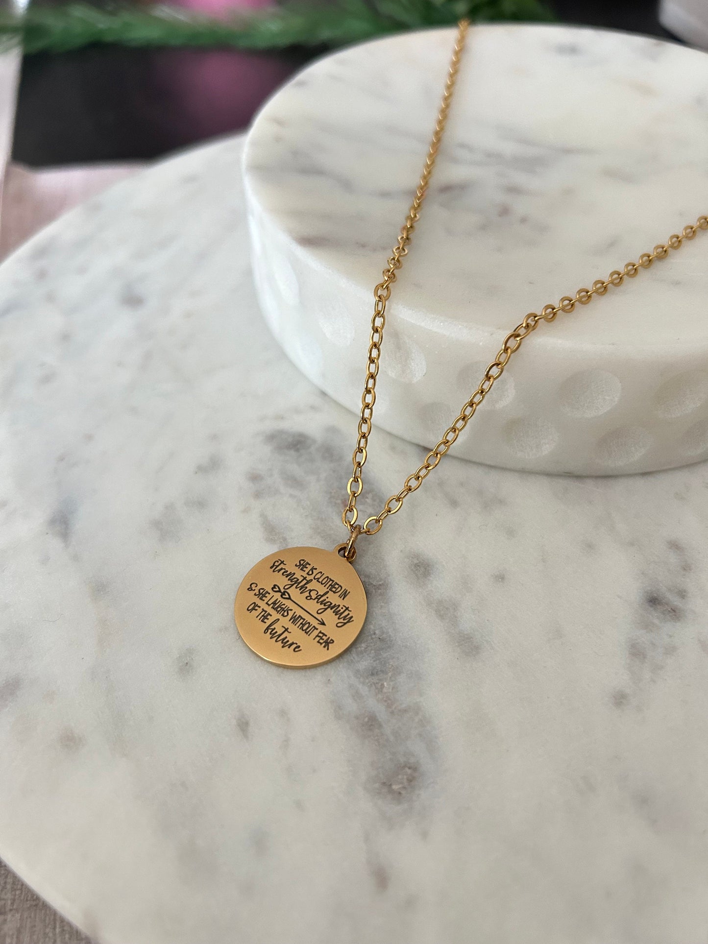 Proverbs 31:25 Gold Necklace, She is clothed in strength and Dignity, Christian Gifts Jewelry, Bible Quote Necklace, Scripture Jewelry,