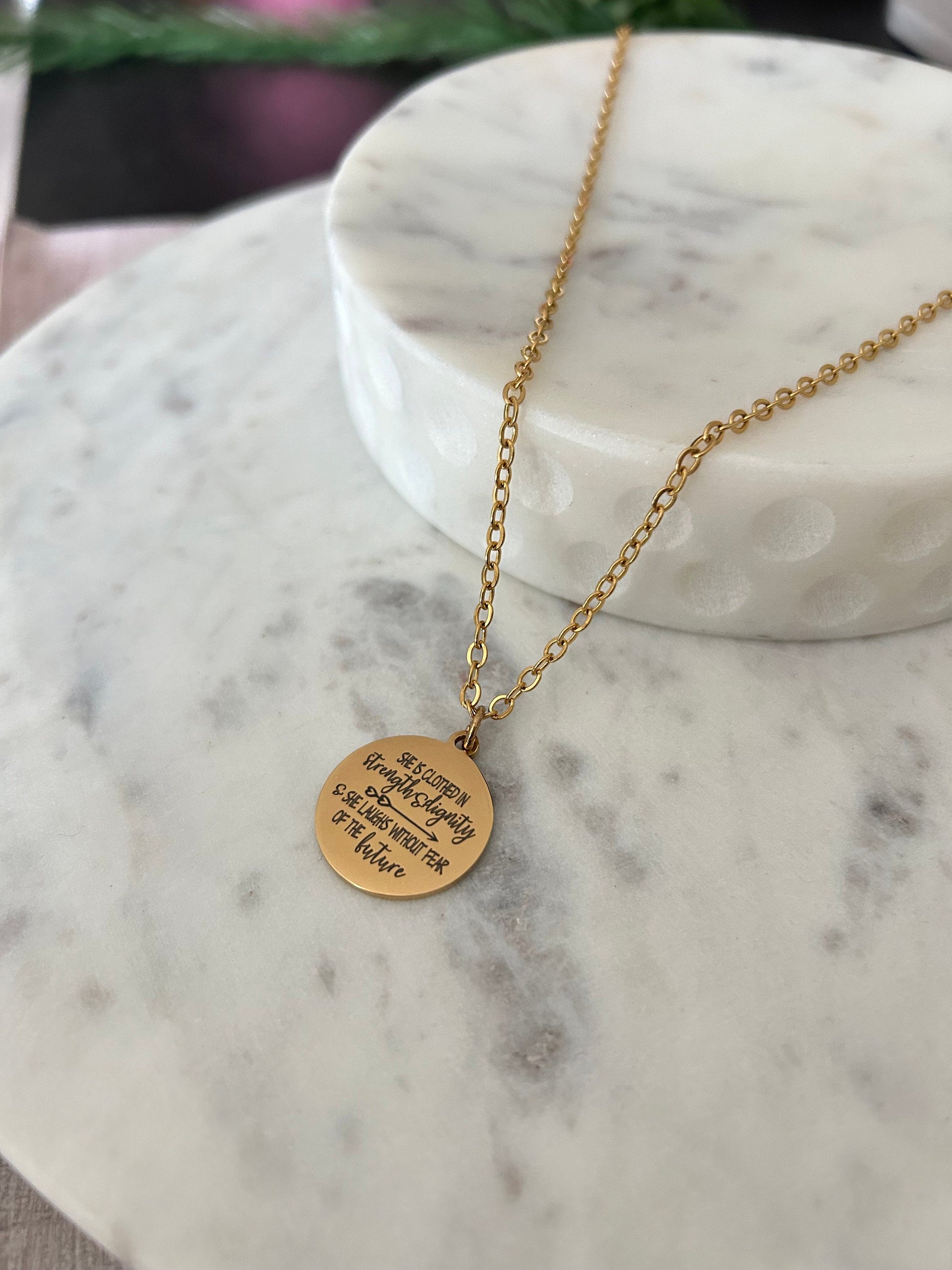 Proverbs 31:25 Gold Necklace, She is clothed in strength and Dignity, Christian Gifts Jewelry, Bible Quote Necklace, Scripture Jewelry,