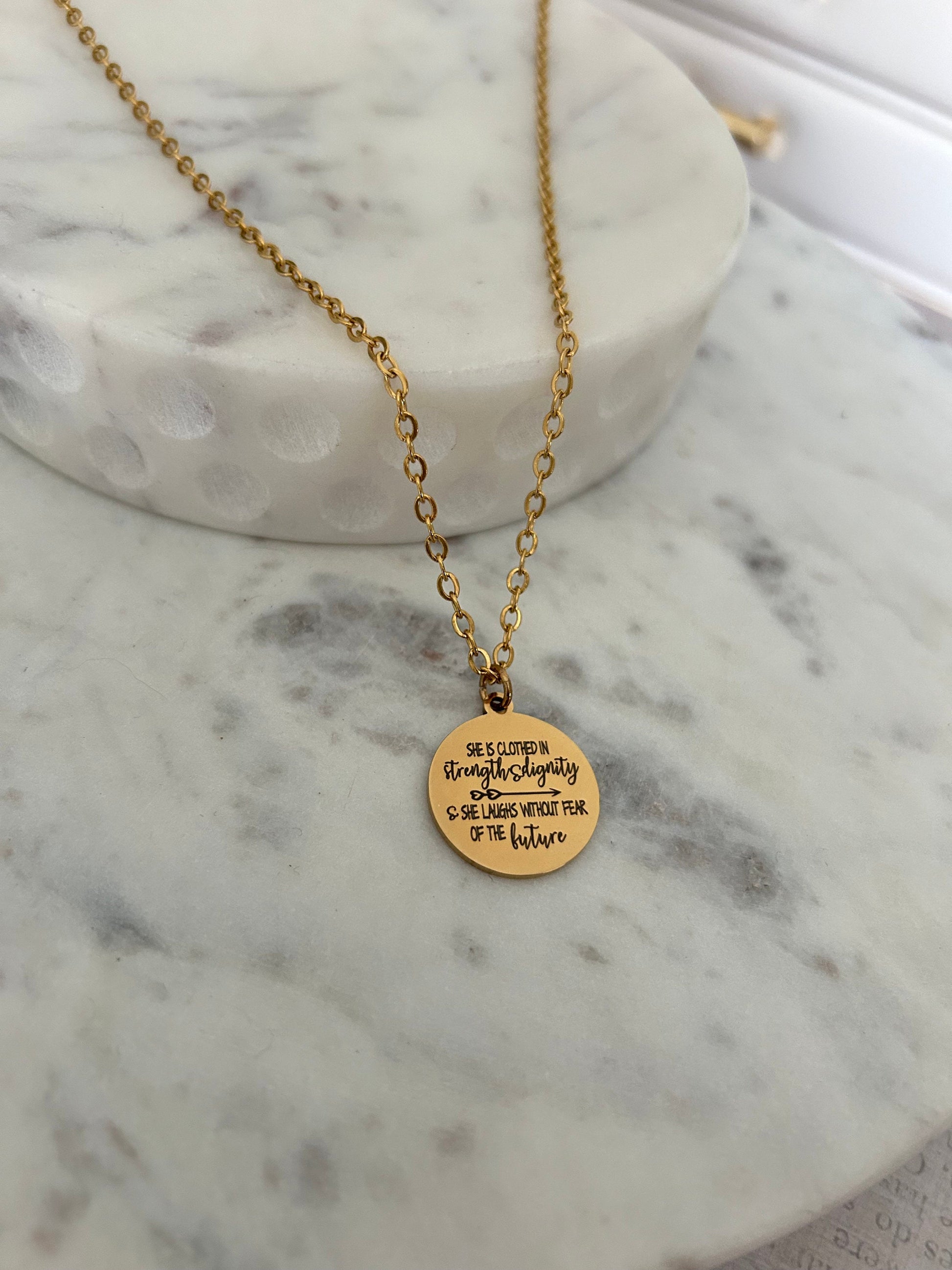 Proverbs 31:25 Gold Necklace, She is clothed in strength and Dignity, Christian Gifts Jewelry, Bible Quote Necklace, Scripture Jewelry,