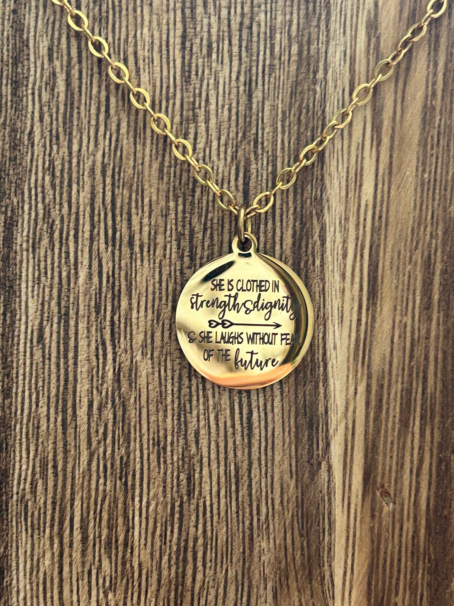 Proverbs 31:25 Gold Necklace, She is clothed in strength and Dignity, Christian Gifts Jewelry, Bible Quote Necklace, Scripture Jewelry,