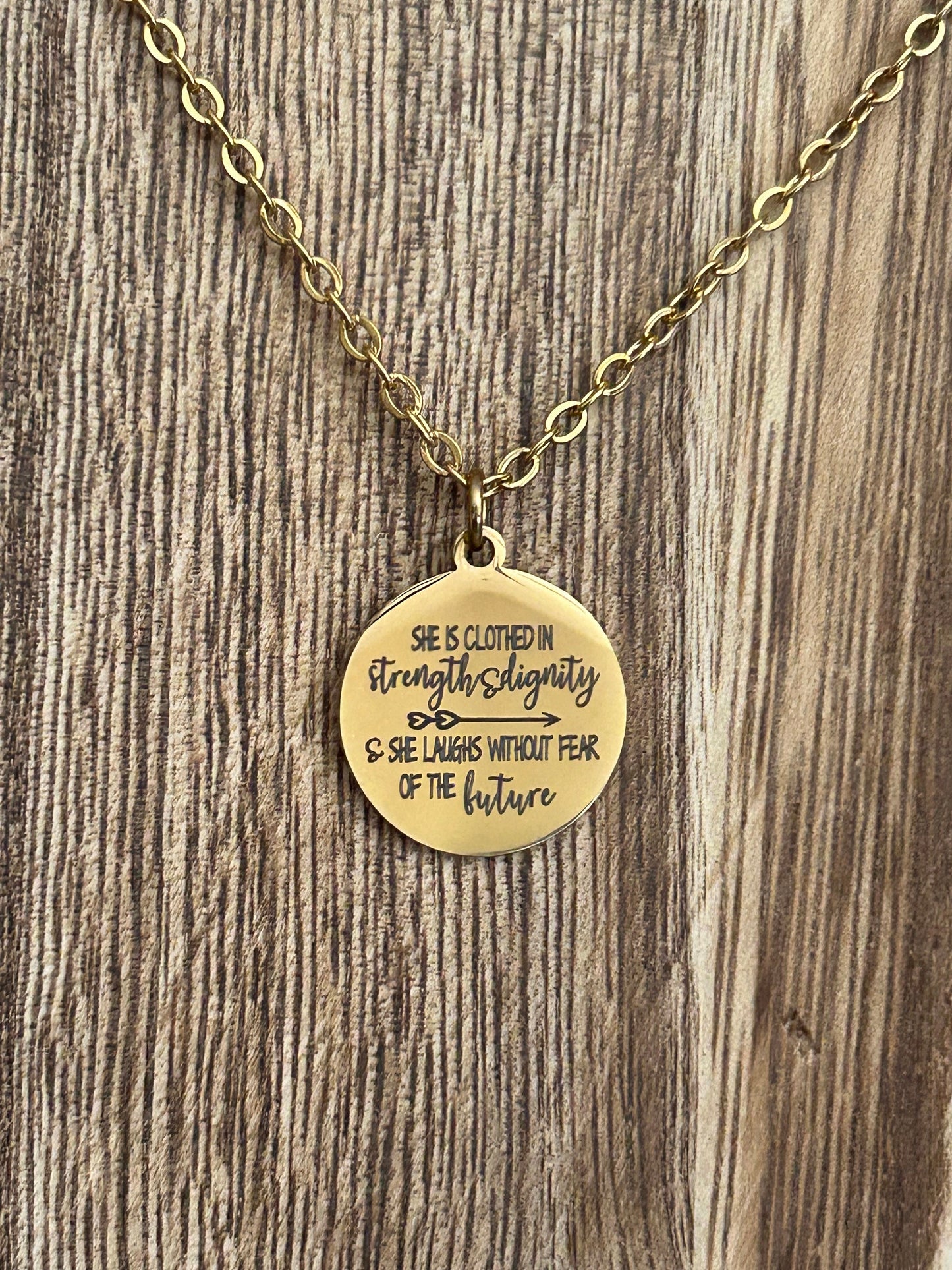 Proverbs 31:25 Gold Necklace, She is clothed in strength and Dignity, Christian Gifts Jewelry, Bible Quote Necklace, Scripture Jewelry,