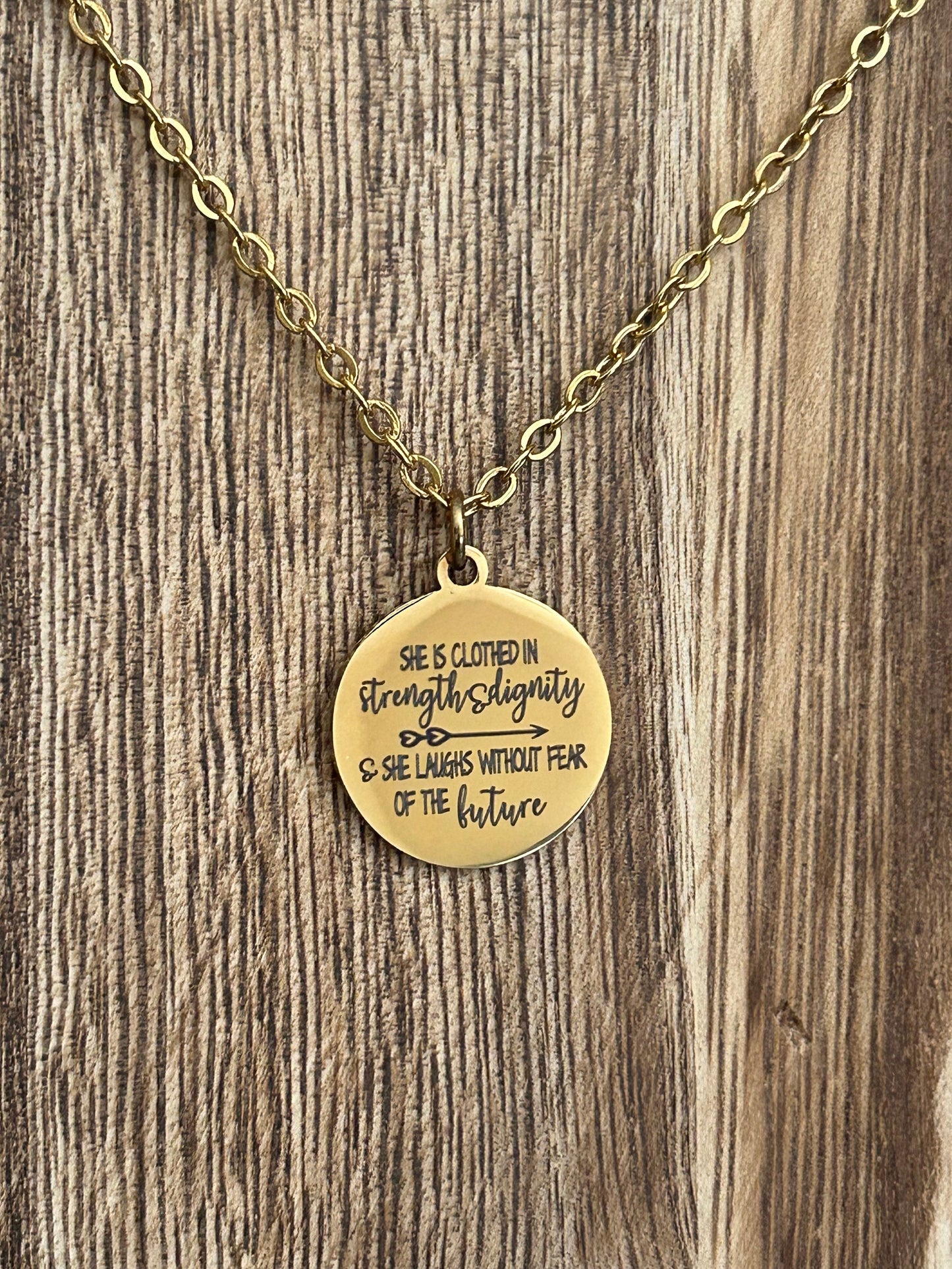 Proverbs 31:25 Gold Necklace, She is clothed in strength and Dignity, Christian Gifts Jewelry, Bible Quote Necklace, Scripture Jewelry,