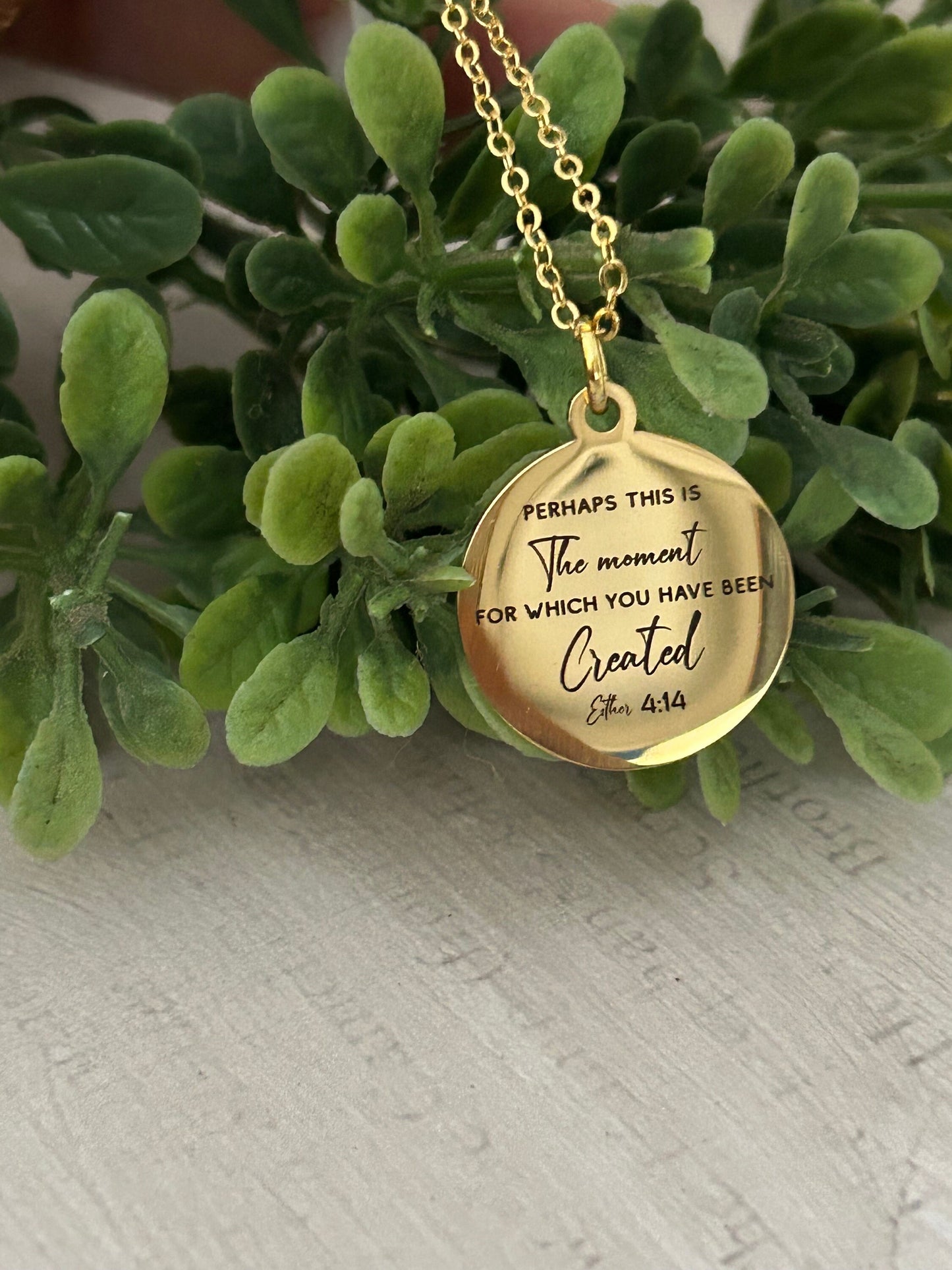 Perhaps this is the moment for which you have been created Gold Disc Necklace, scripture pendant, bible verse charm, Christian jewelry Gifts